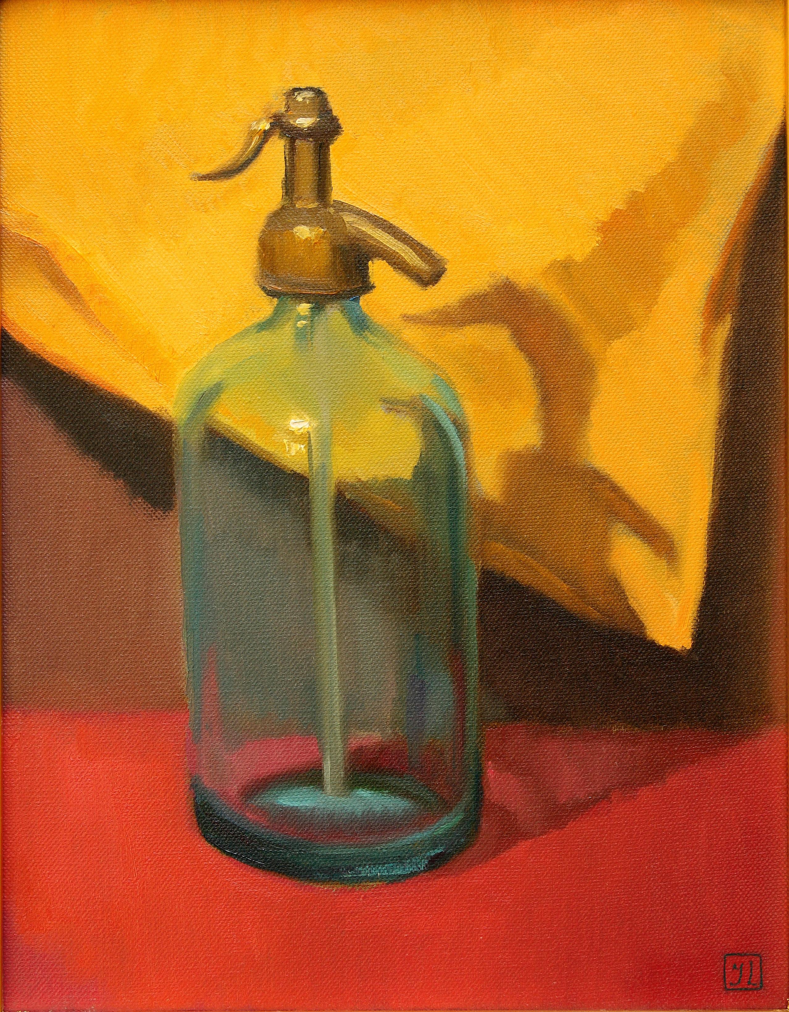 An old-fashioned bottle siphon painted on a yellow background.  The painting is simple in its design.  However, a combination of a greenish-blue bottle with a red tablecloth and a yellow drapery makes it exiting.    Category: Contemporary realism,