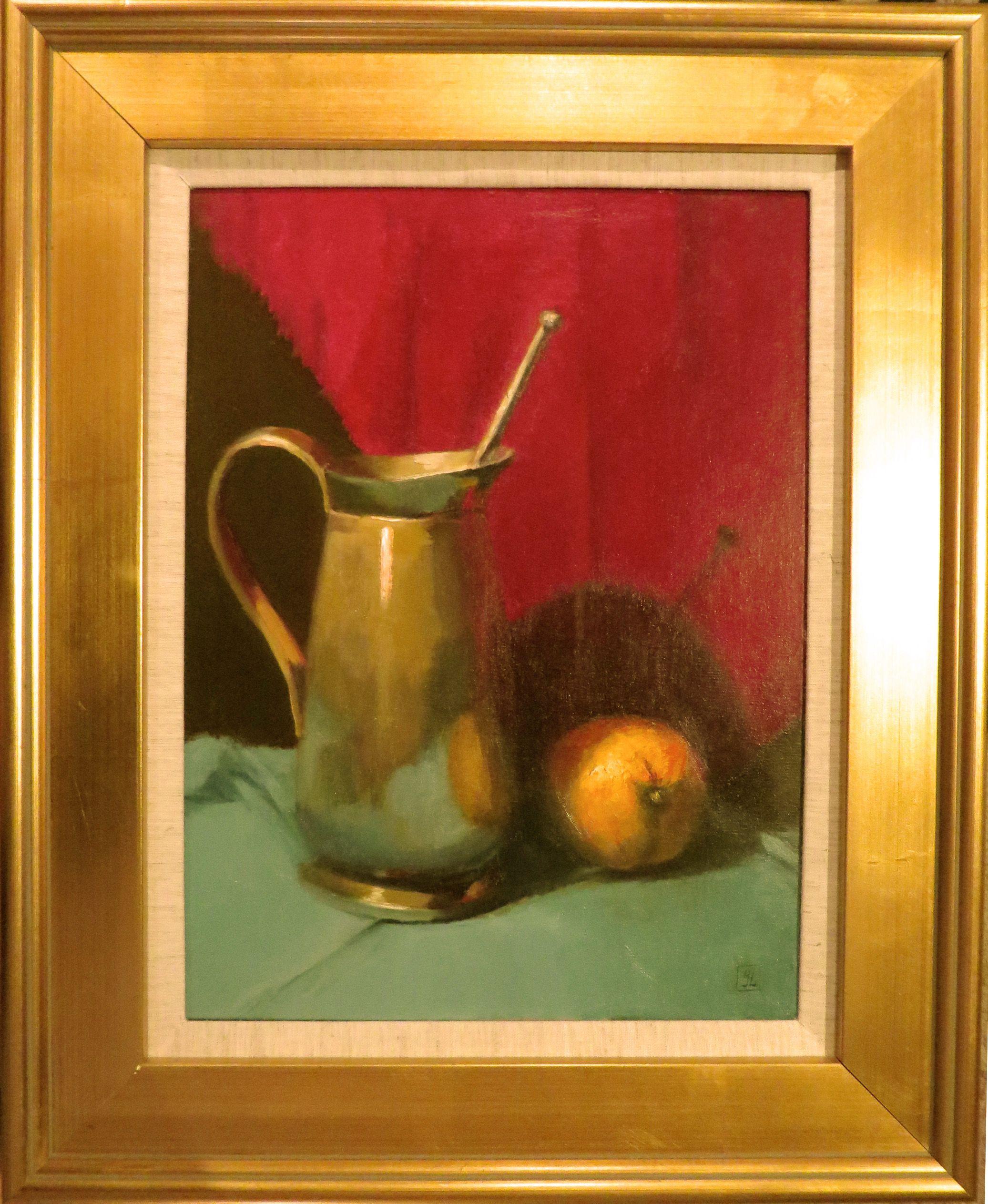 SILVER  PITCHER  AND  ORANGE, Painting, Oil on Canvas For Sale 1