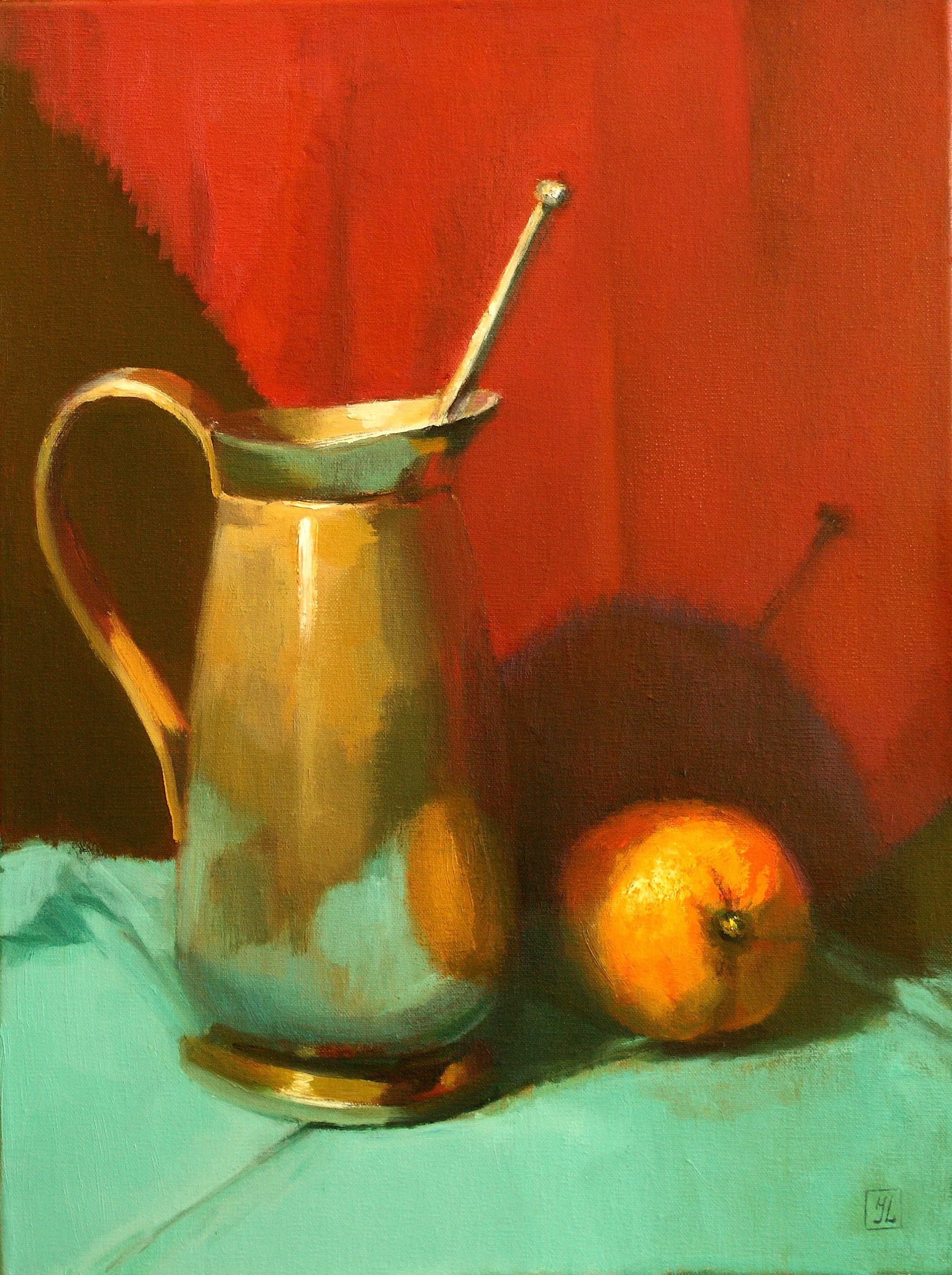 A silver pitcher and orange are shown on a turquoise tablecloth with a cherry red cloth in the background. This painting is all about relationships. The subjects are both close and contradictory. The polished smooth pitcher is tall and slender,