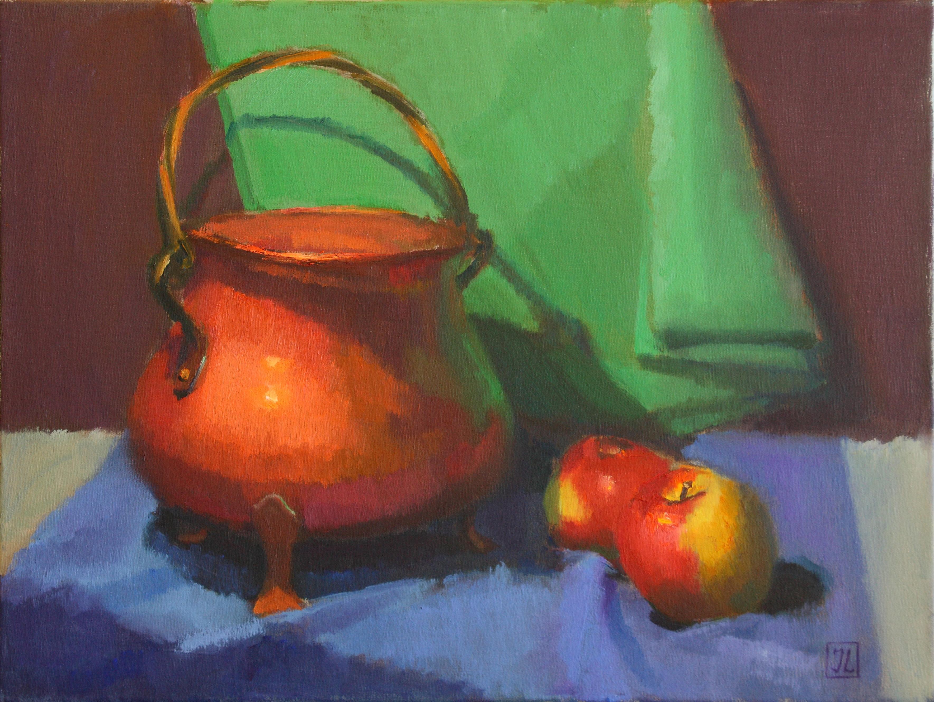 This painting is all about colors.  Starting with a copper cauldron that changes its color from orange to red, to purple and to green depending on its surroundings and the light or shade.  Its shiny surface reflects the green of the drapery and the