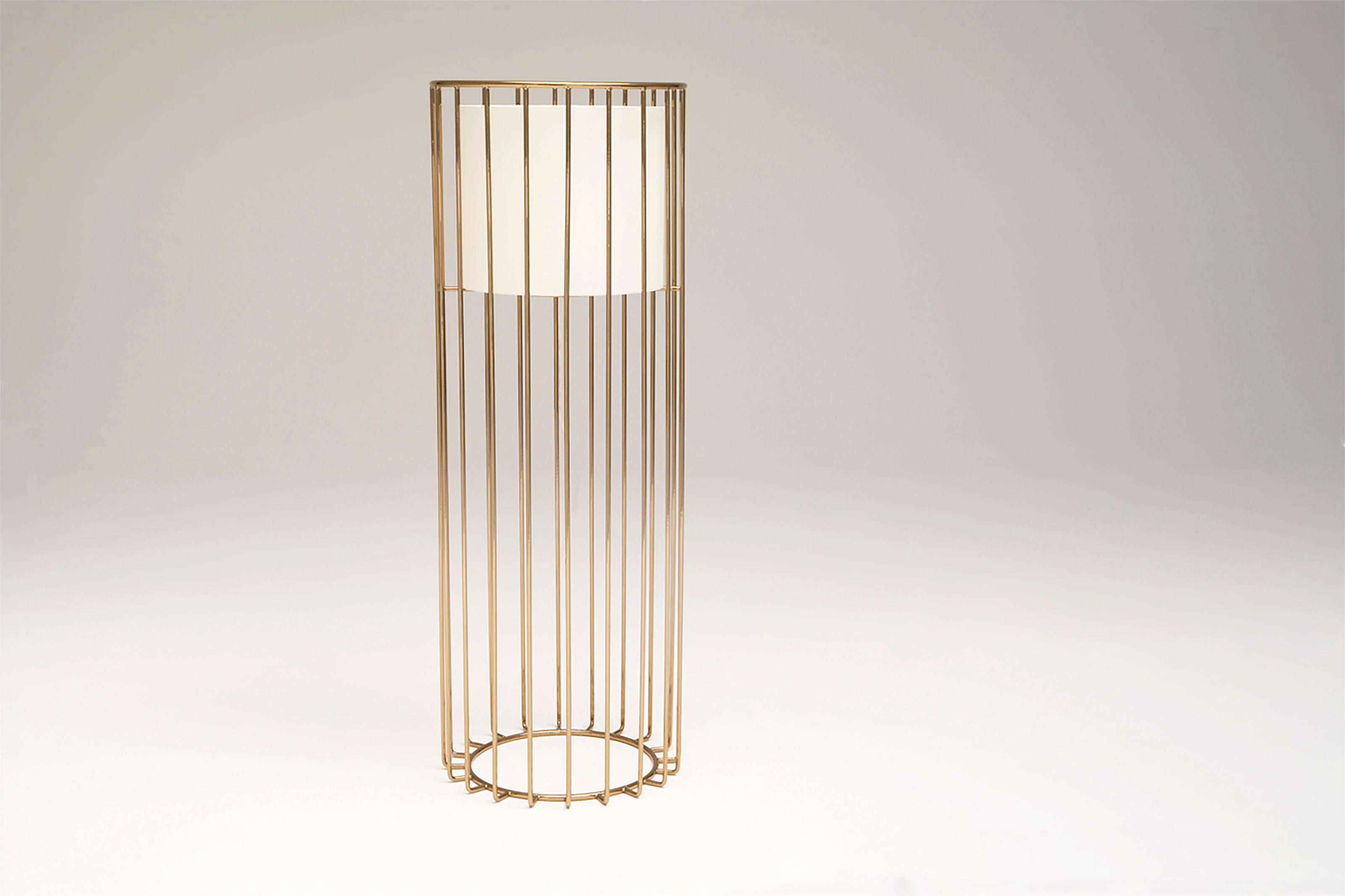 Inner Beauty Floor Light by Phase Design
Dimensions: Ø 50.8 x H 142.2 cm. 
Materials: Linen and smoked brass.

Solid steel bar available in a smoked brass, polished chrome, burnt copper, gloss or flat black and white powder coat. Powder coat
