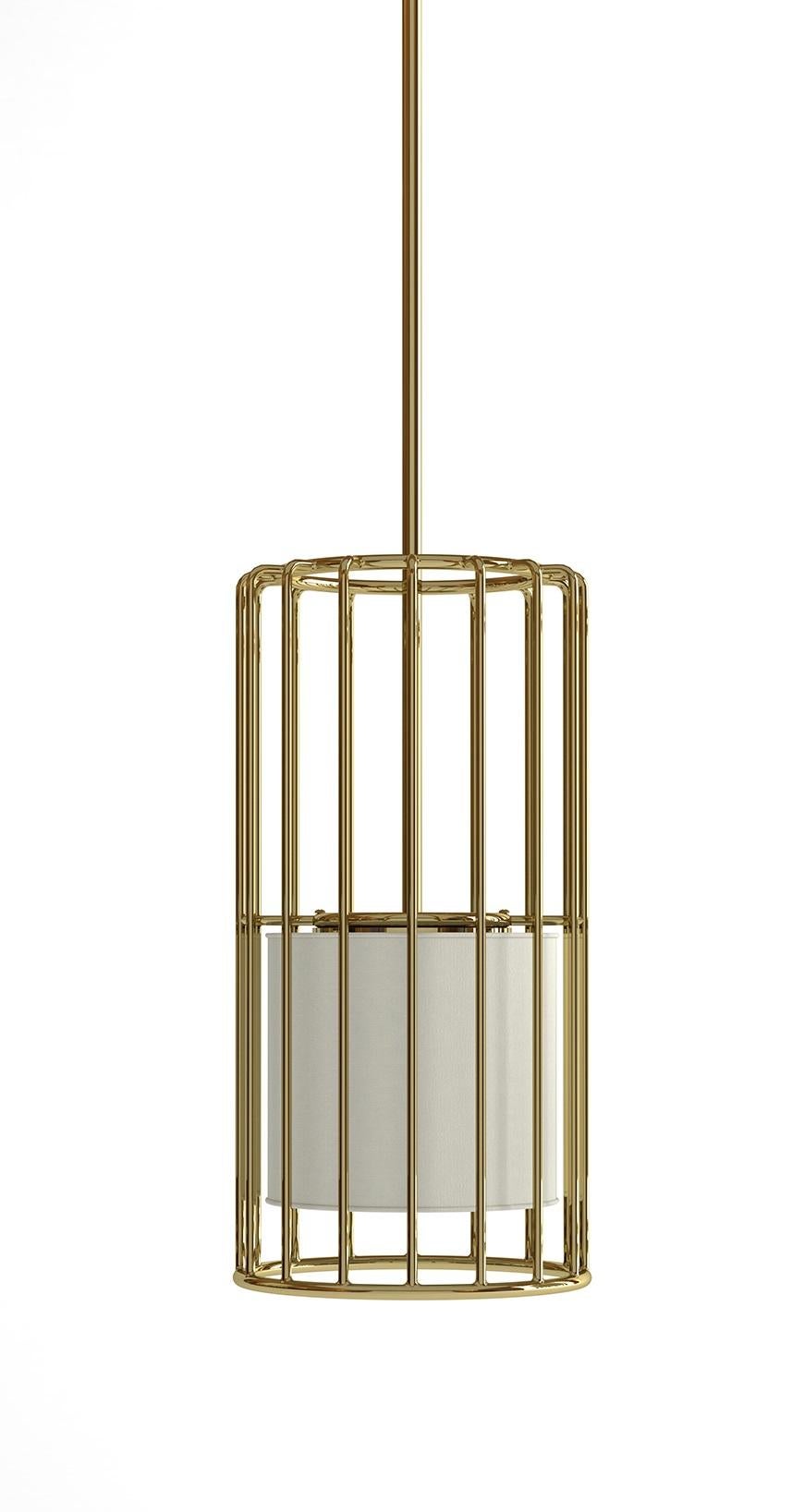 Inner Beauty Pendant Light by Phase Design
Dimensions: Ø 22.9 x H 45.7 cm. 
Materials: Linen and smoked brass.

Solid steel bar available in a smoked brass, polished chrome, burnt copper, gloss or flat black and white powder coat. Powder coat
