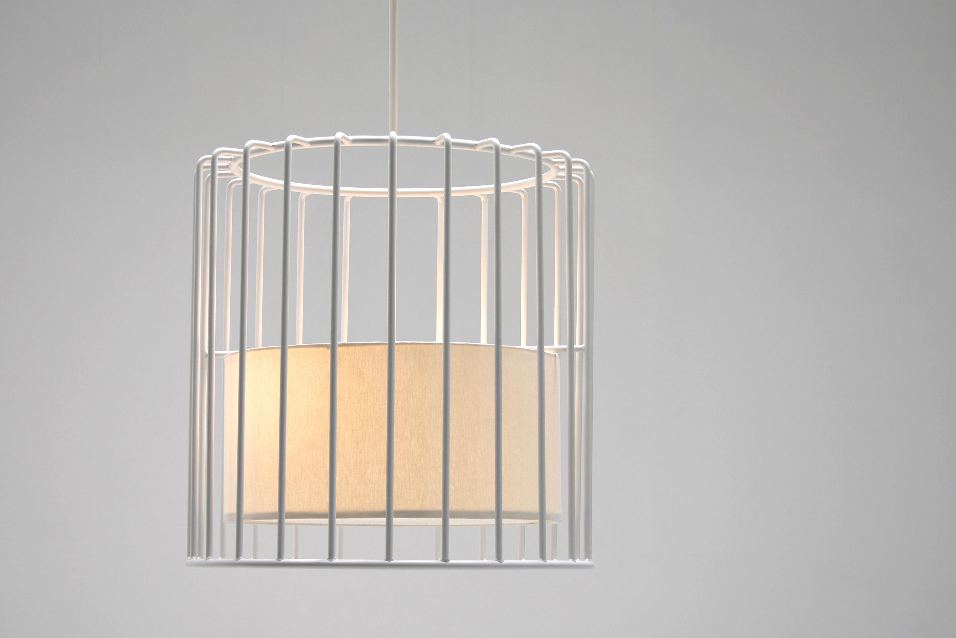 Inner Beauty Small Chandelier by Phase Design
Dimensions: Ø 55.9 x H 55.9 cm. 
Materials: Linen and powder-coated metal. 

Solid steel bar available in a smoked brass, polished chrome, burnt copper, gloss or flat black and white powder coat. Powder