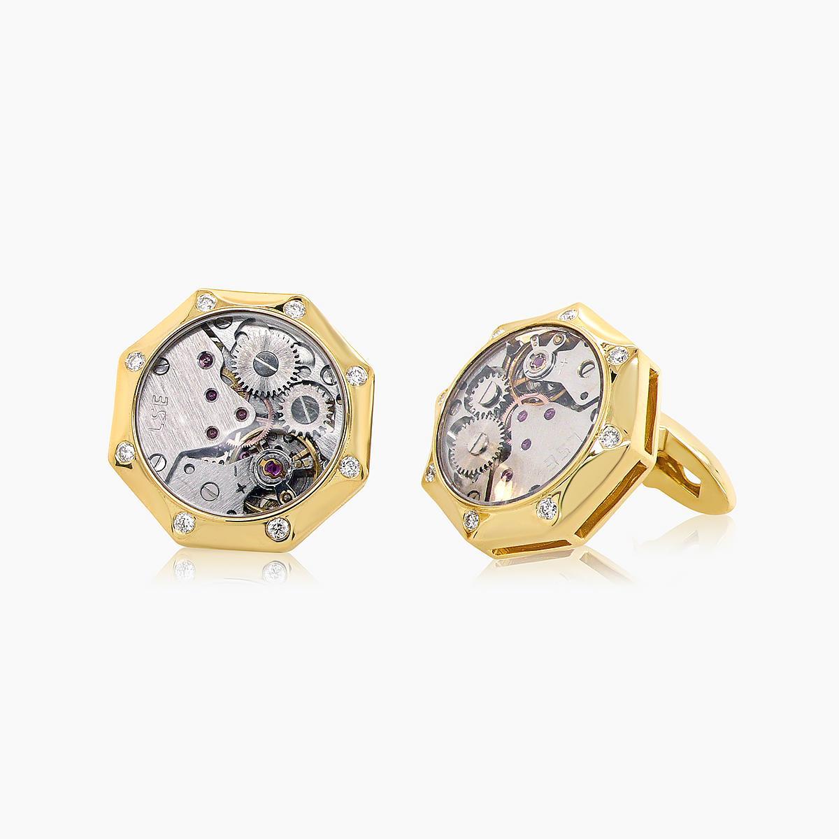 Taglio misto Gemelli da polso a bottone in oro giallo 18K con diamante bianco e quadrante interno dell'orologio in vendita