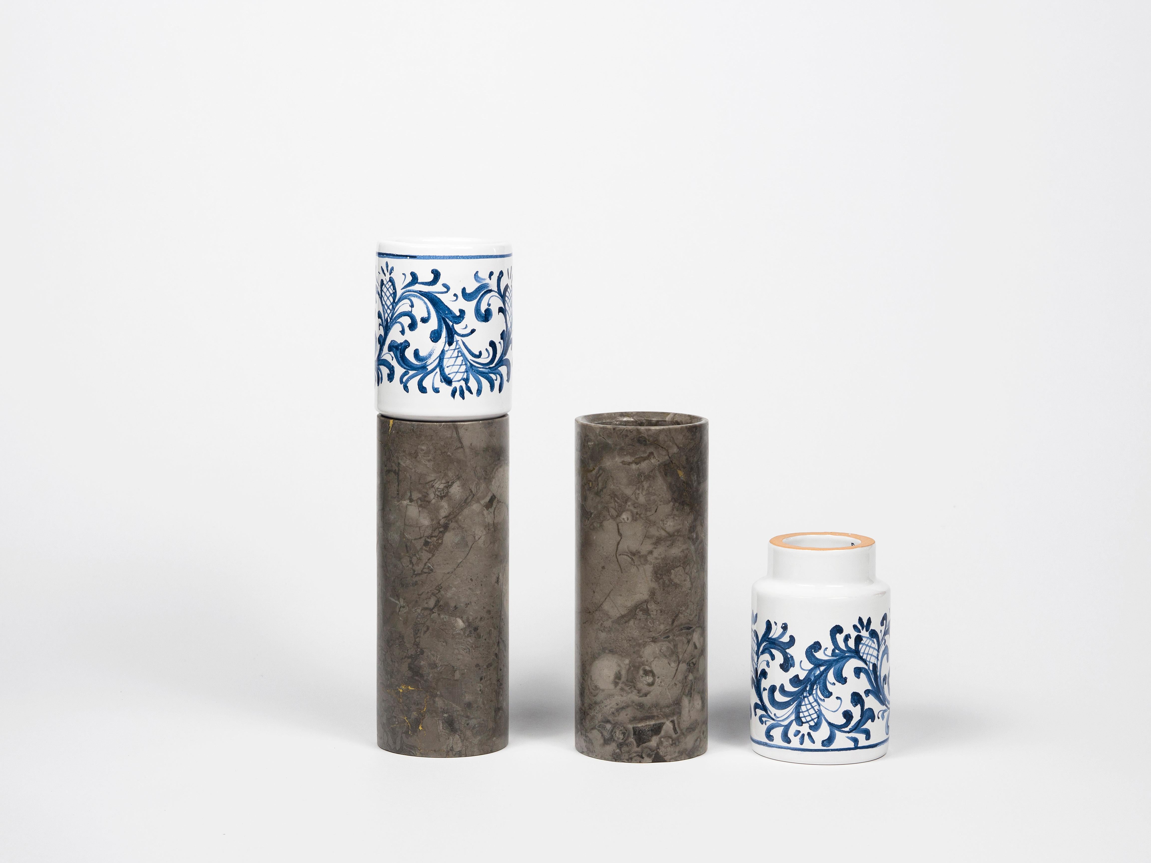 Vase for cut flowers in marble and ceramic that tells of a slow and gradual process of learning of man from nature. Man observes, inspires, imitates and experiments to create what will become innovation / evolution, the tradition of an era. The