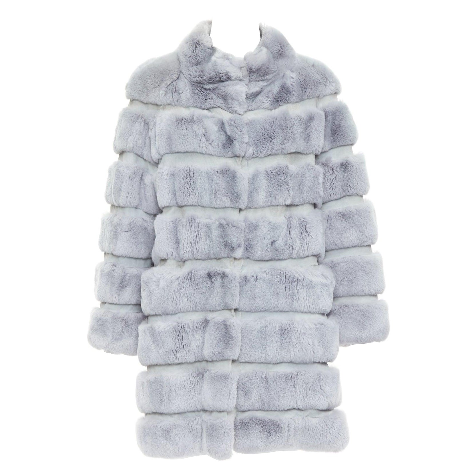 INNIU - Manteau long à carreaux horizontaux en cuir et fourrure - Bleu misty