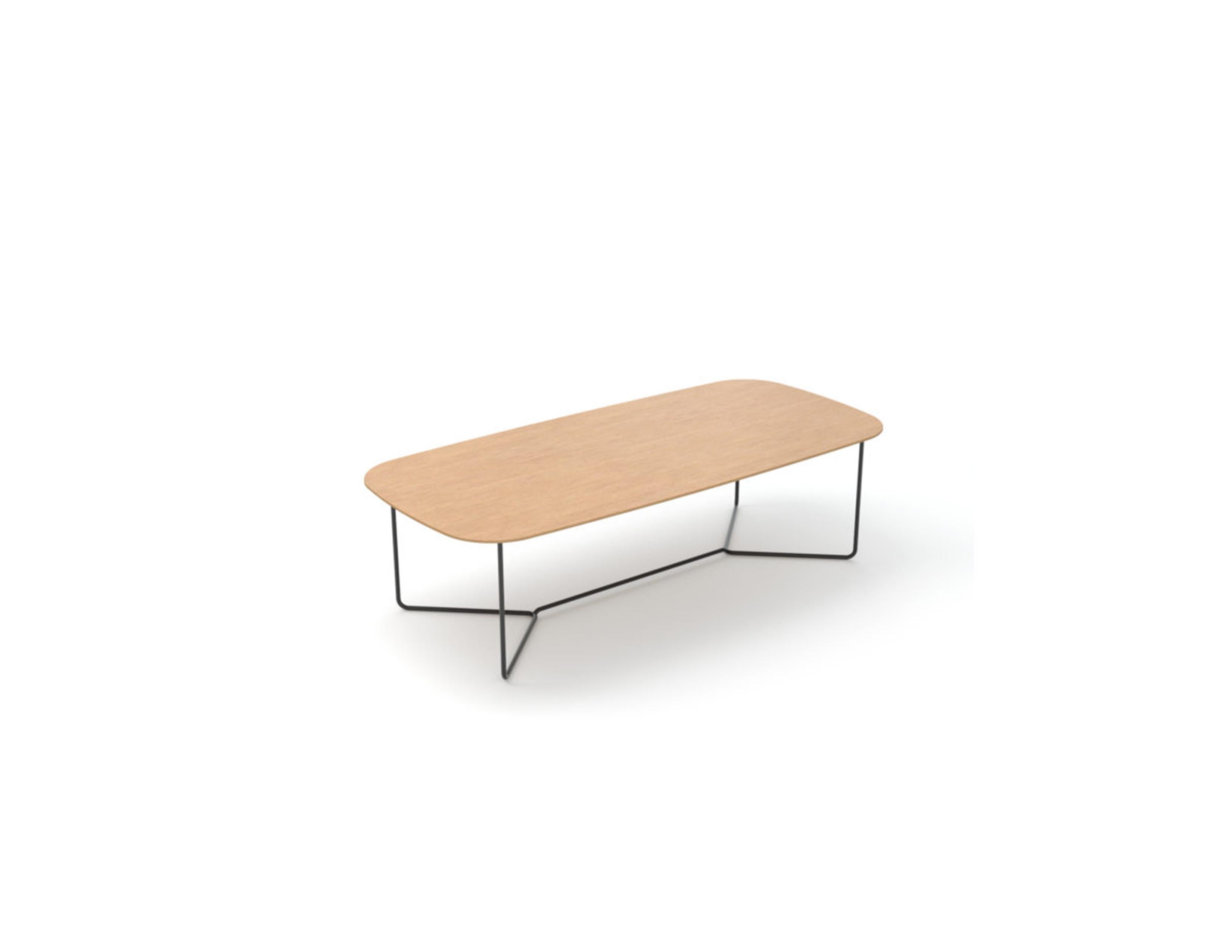 Bondo Wood is a family of casual, friendly and lightweight occasional tables designed to be paired with sofas and lounge chairs. The tables are in different shapes and heights that overlap each other allowing the creation of playful and organic