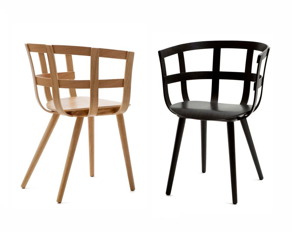 Wooden frame ash, birch or oak
Julie is the result of a persistent design process. Curved veneer slats form a beautiful back and armrests for this light looking, sculptural wooden small chair for dining and meeting purposes.

Julie B1 is a chair