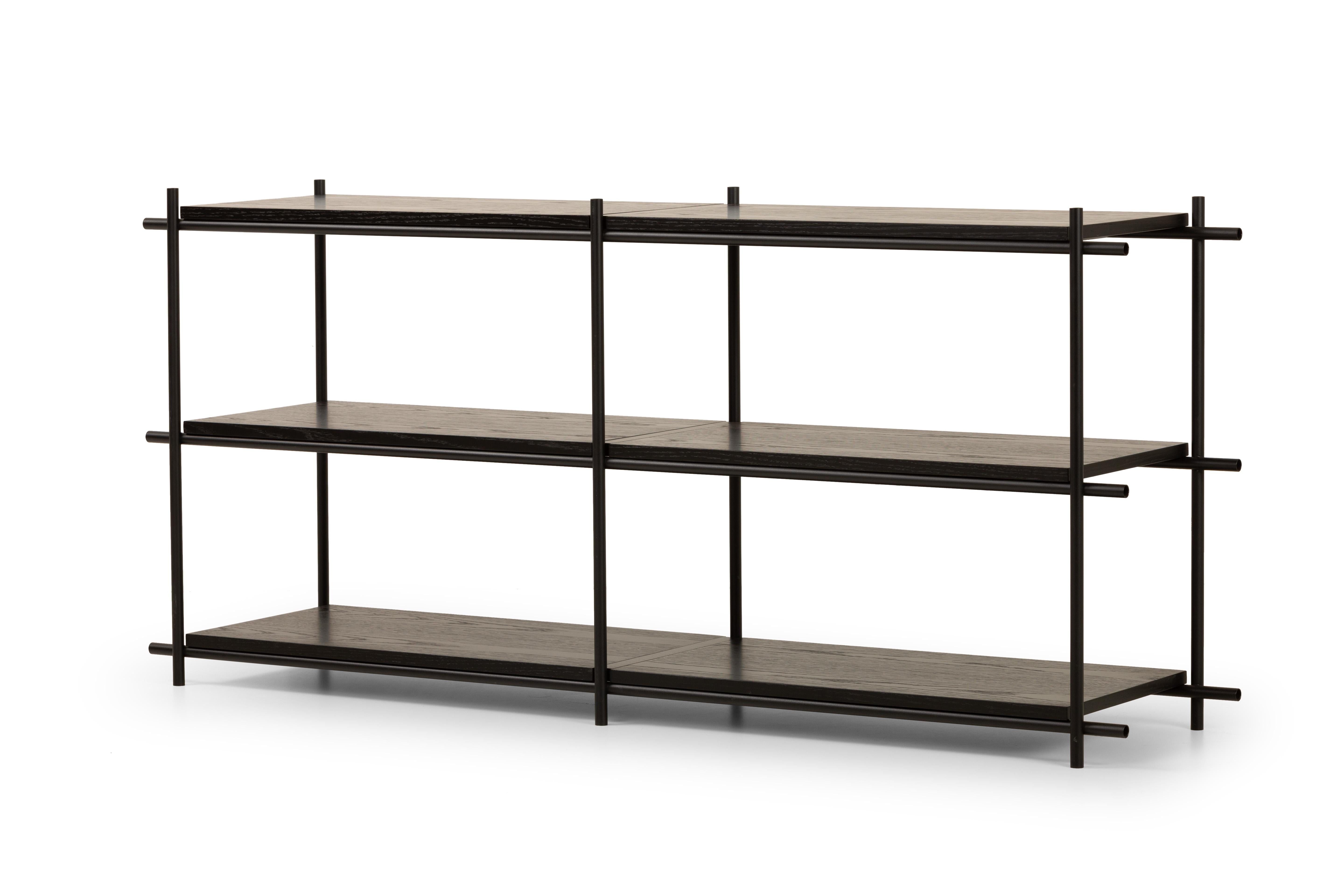 Innocent Bookshelf Four Modules by Mingardo
Dimensions: D166 x W39 x H76cm 
Materials: RAL 9005 black varnished iron structure, shelf in black stained oak
Weight: 85 kg

Also Available in different dimensions.

The Innocent project is