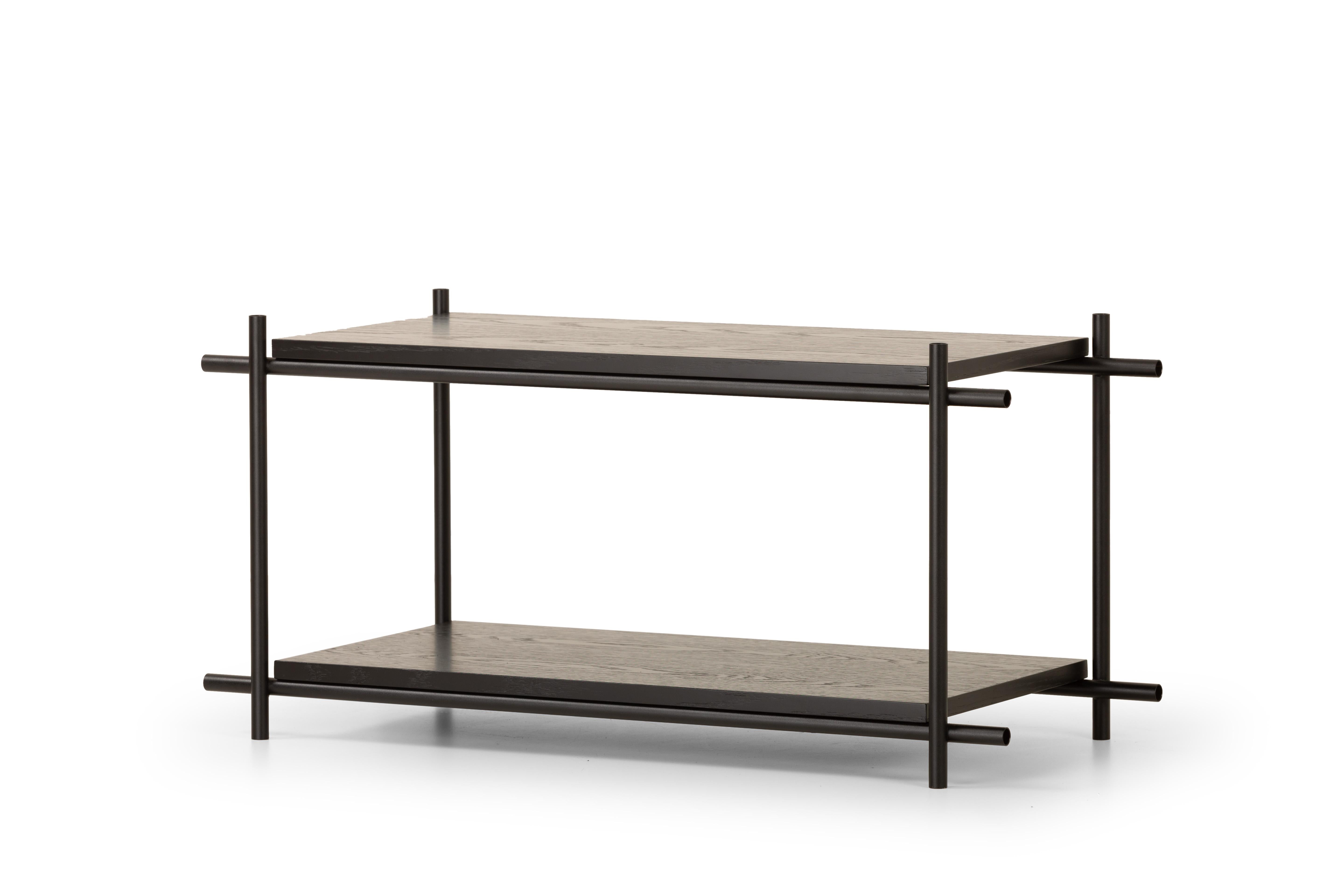 Innocent bookshelf single module by Mingardo
Dimensions: D90 x W39 x H43 cm 
Materials: RAL 9005 black varnished iron structure, shelf in black stained oak
Weight: 30 kg

Also available in different dimensions. 

The Innocent project is