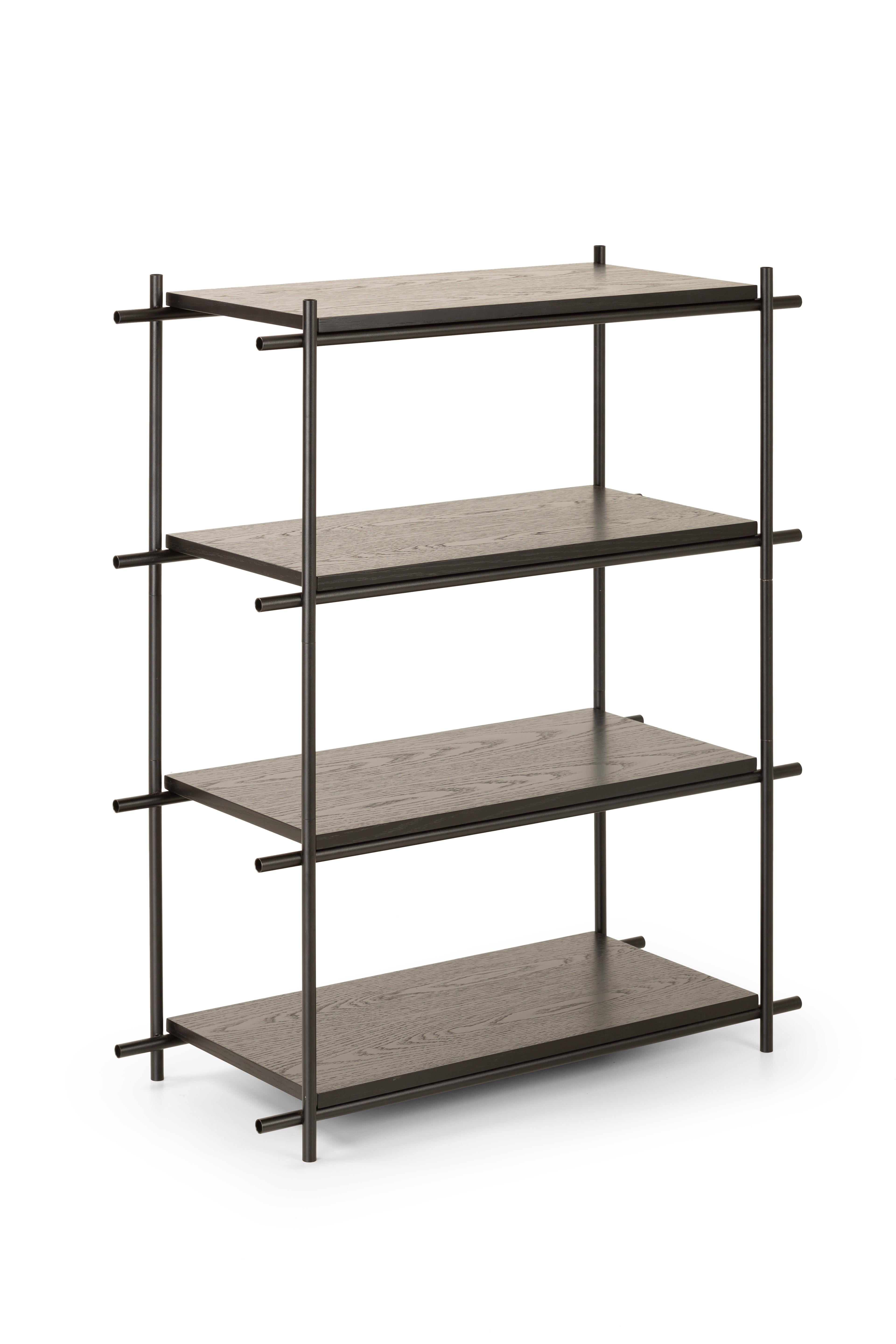 Innocent bookshelf three modules by Mingardo
Dimensions: D90 x W39 x H110 cm 
Materials: RAL 9005 black varnished iron structure, shelf in black stained oak
Weight: 60 kg

Also available in different dimensions. 

The Innocent project is