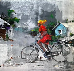 "Montando en bici" de I. Chikezie - Fondo gris con figura ref - Arte africano