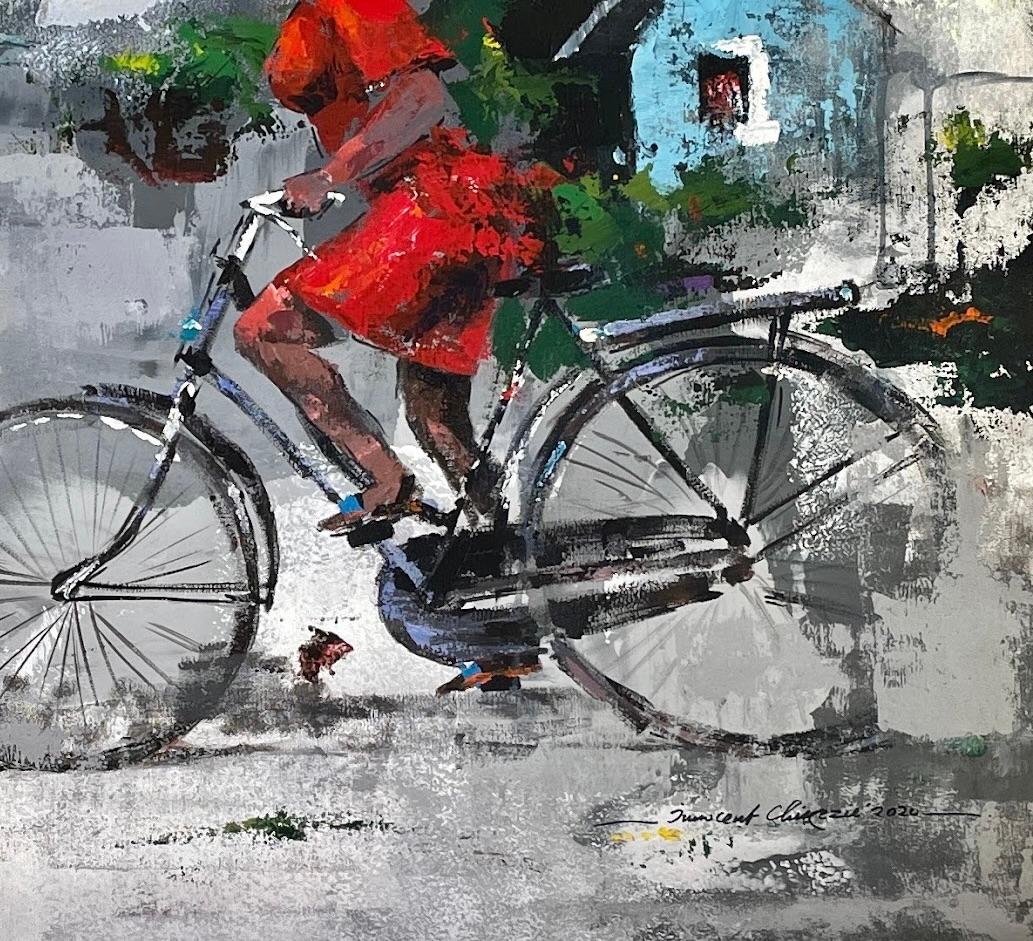 „Riding the Bike“ von I. Chikezie - Grauer Hintergrund mit Ref-Figur - Afrikanische Kunst (Braun), Figurative Painting, von Innocent Chikezie