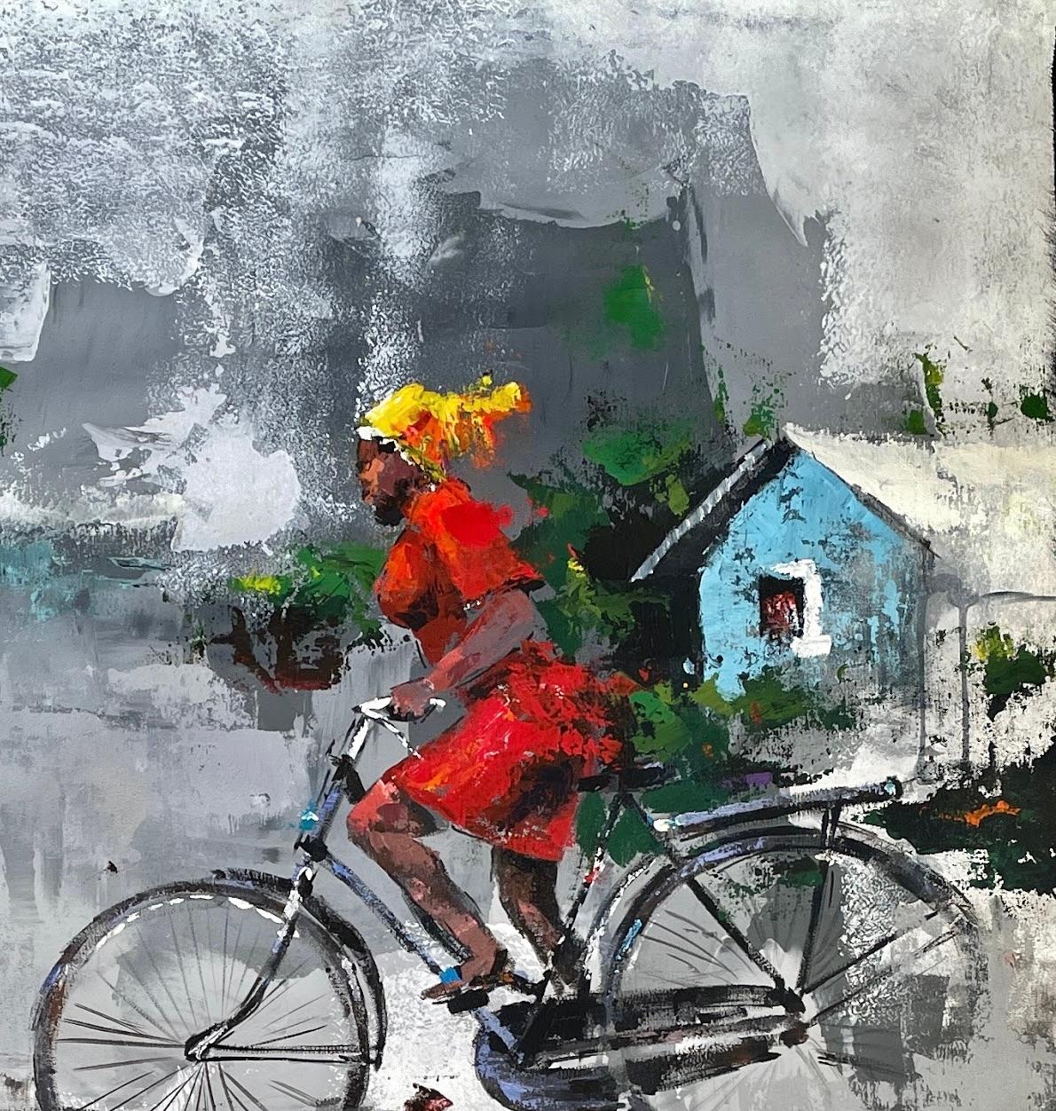 „Riding the Bike“ von I. Chikezie - Grauer Hintergrund mit Ref-Figur - Afrikanische Kunst im Angebot 1