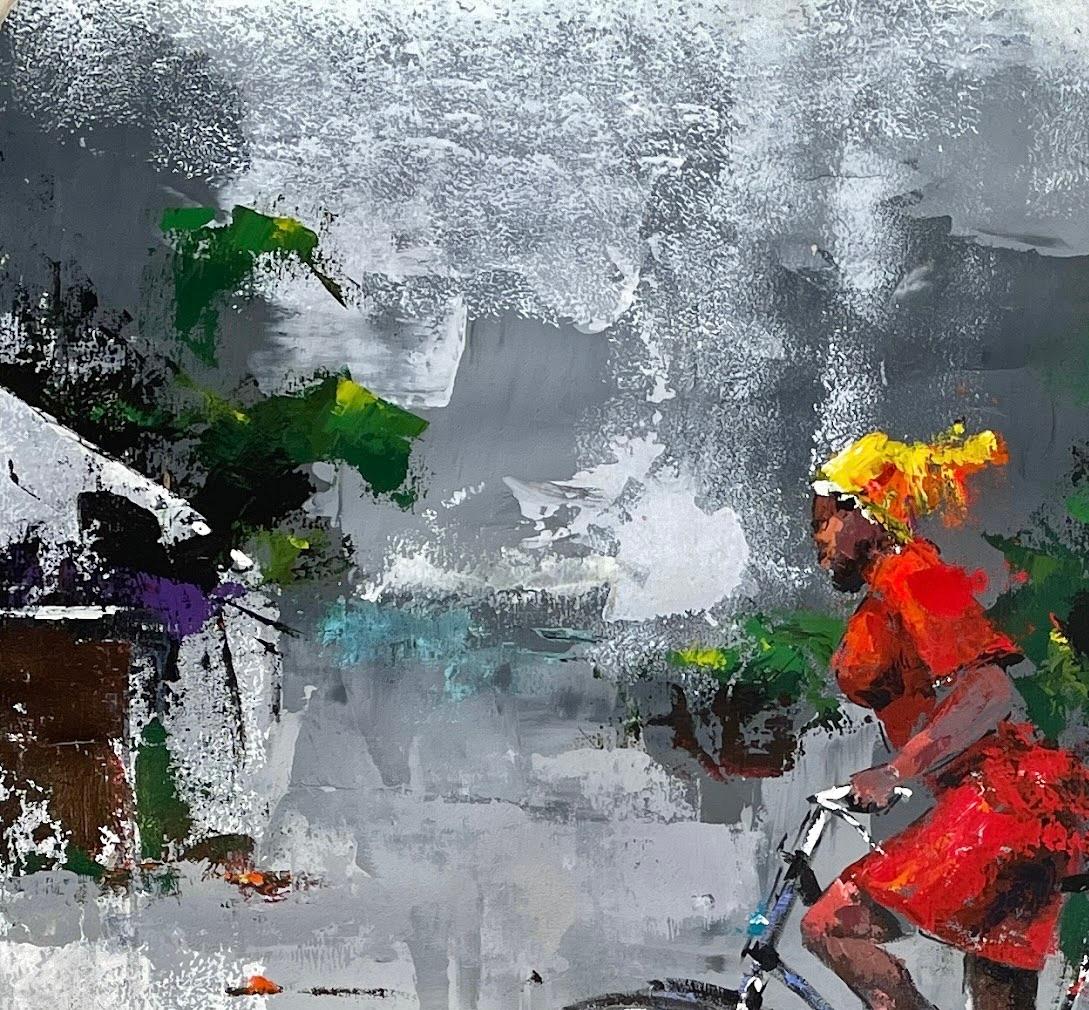 „Riding the Bike“ von I. Chikezie - Grauer Hintergrund mit Ref-Figur - Afrikanische Kunst im Angebot 2