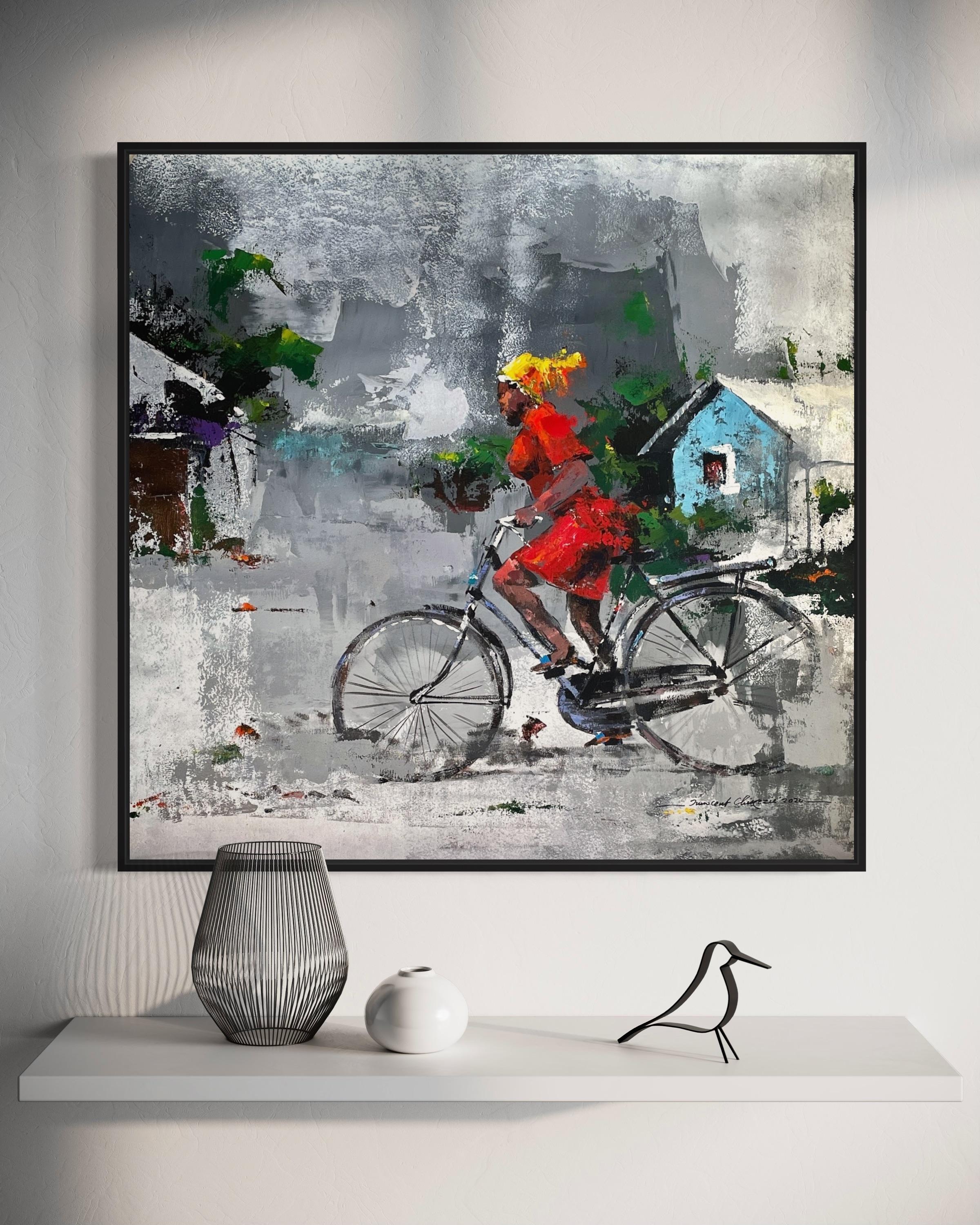 „Riding the Bike“ von I. Chikezie - Grauer Hintergrund mit Ref-Figur - Afrikanische Kunst – Painting von Innocent Chikezie