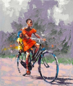 "Hermana mayor" de Innocent Chikezie - Pintura figurativa africana moderna y vibrante