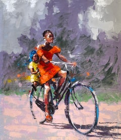 "Big Sister" - Contemporary Colorful Textural African Figurative Acrylic Artwork