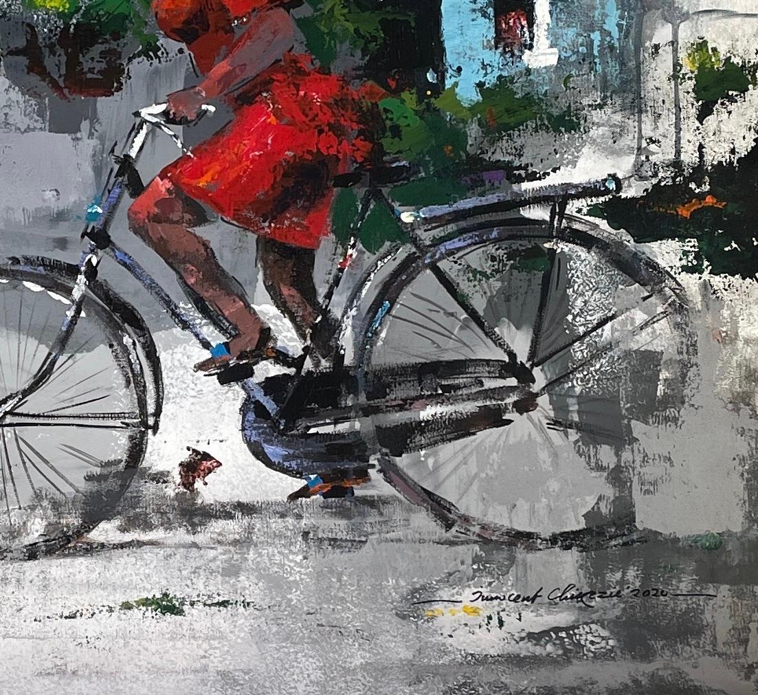 „Riding the Bike“ von I. Chikezie - Grauer Hintergrund mit Ref-Figur - Afrikanische Kunst im Angebot 5