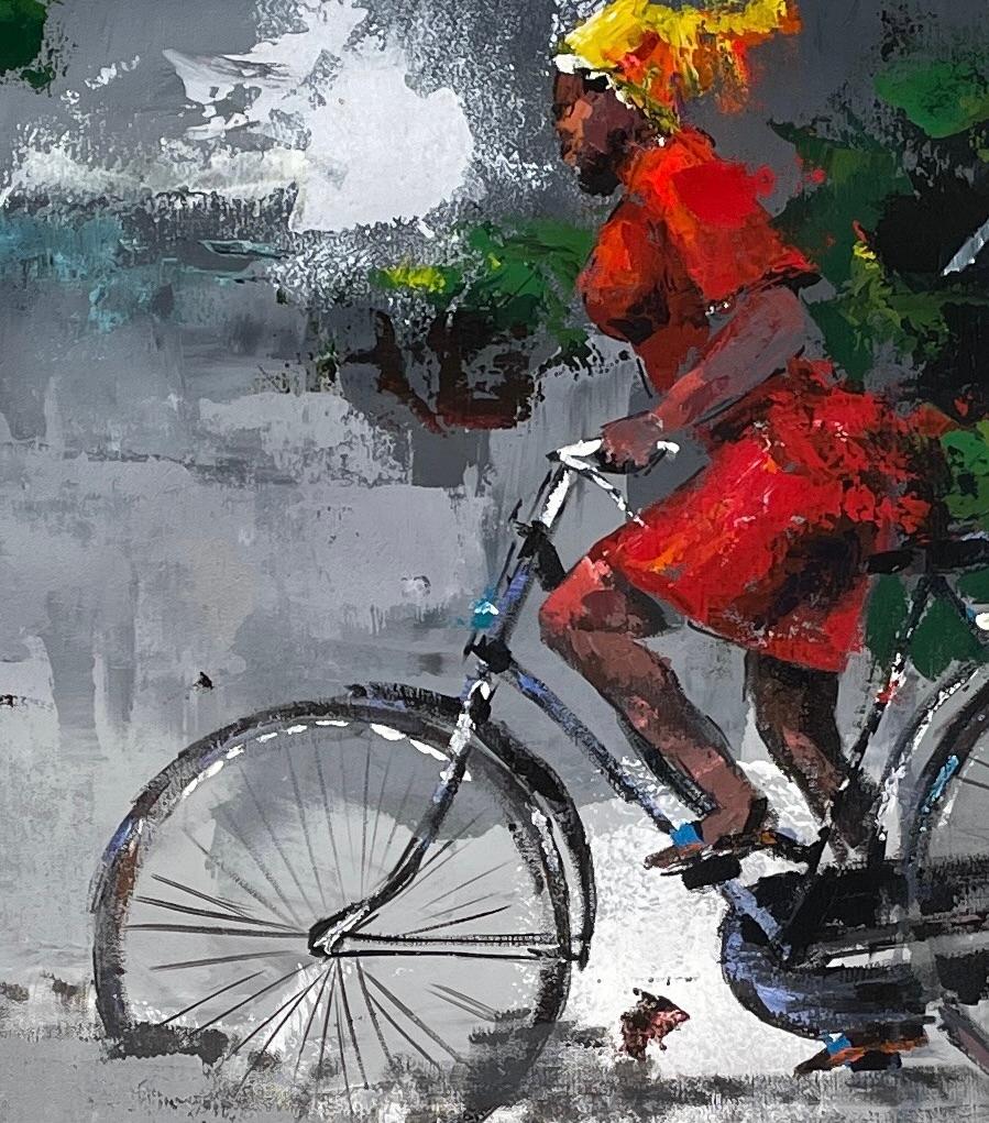 „Riding the Bike“ von I. Chikezie - Grauer Hintergrund mit Ref-Figur - Afrikanische Kunst im Angebot 6