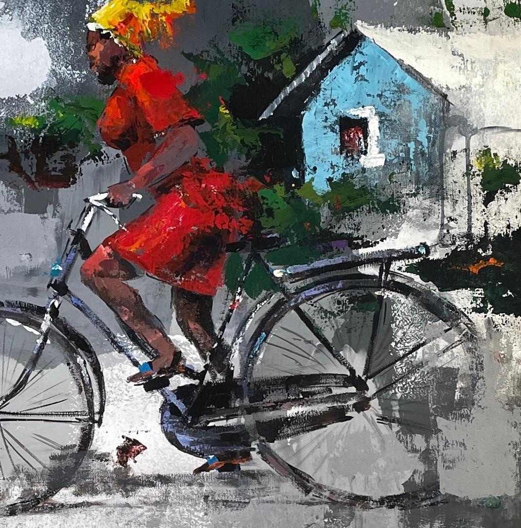 „Riding the Bike“ von I. Chikezie - Grauer Hintergrund mit Ref-Figur - Afrikanische Kunst im Angebot 7