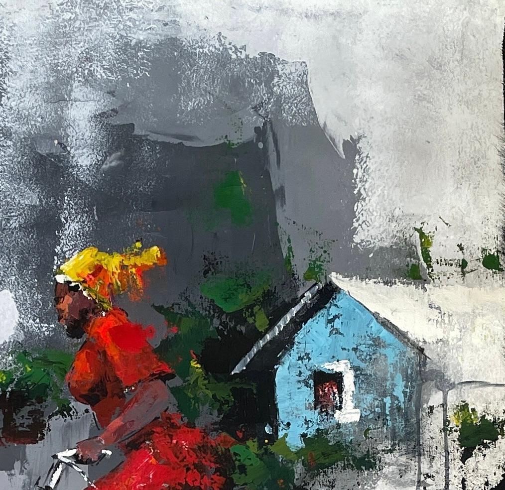 „Riding the Bike“ von I. Chikezie - Grauer Hintergrund mit Ref-Figur - Afrikanische Kunst im Angebot 4