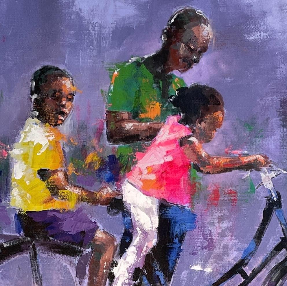 „Familienzeit“ von Innocent Chikezie – lebhaftes figuratives Gemälde auf Lila im Angebot 10