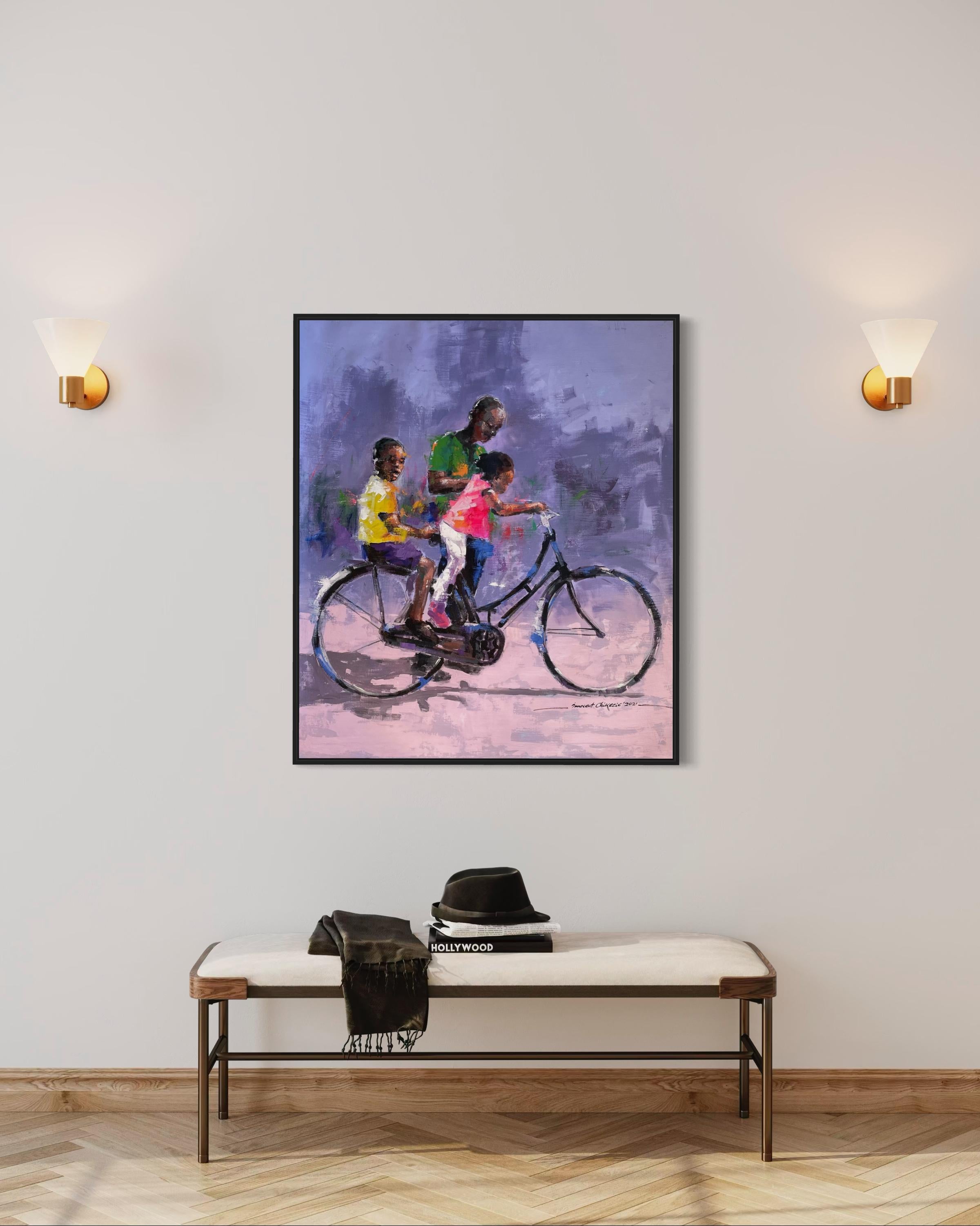 „Familienzeit“ von Innocent Chikezie – lebhaftes figuratives Gemälde auf Lila im Angebot 11