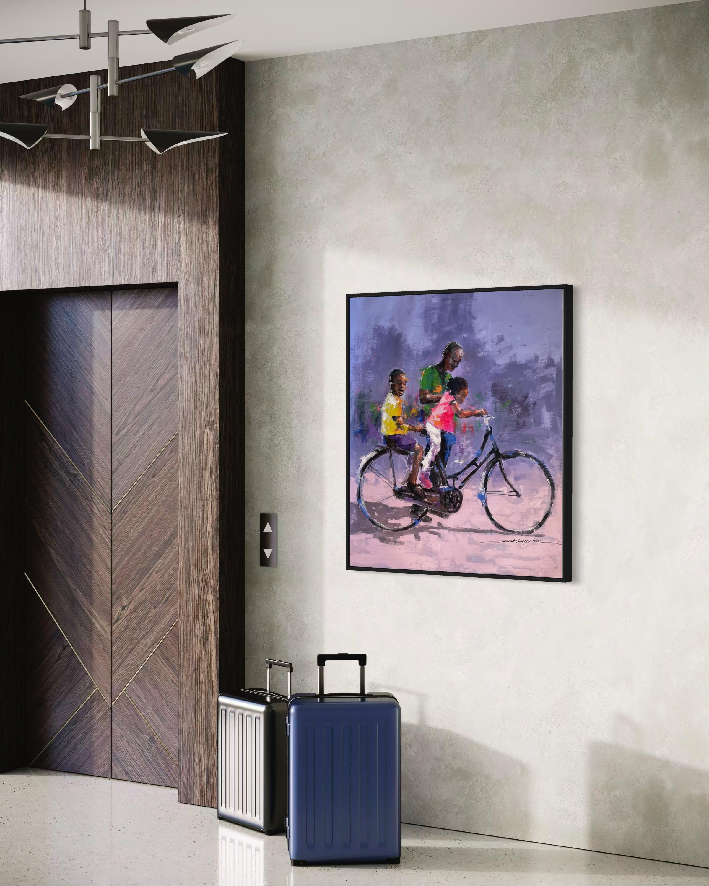 „Familienzeit“ von Innocent Chikezie – lebhaftes figuratives Gemälde auf Lila im Angebot 4