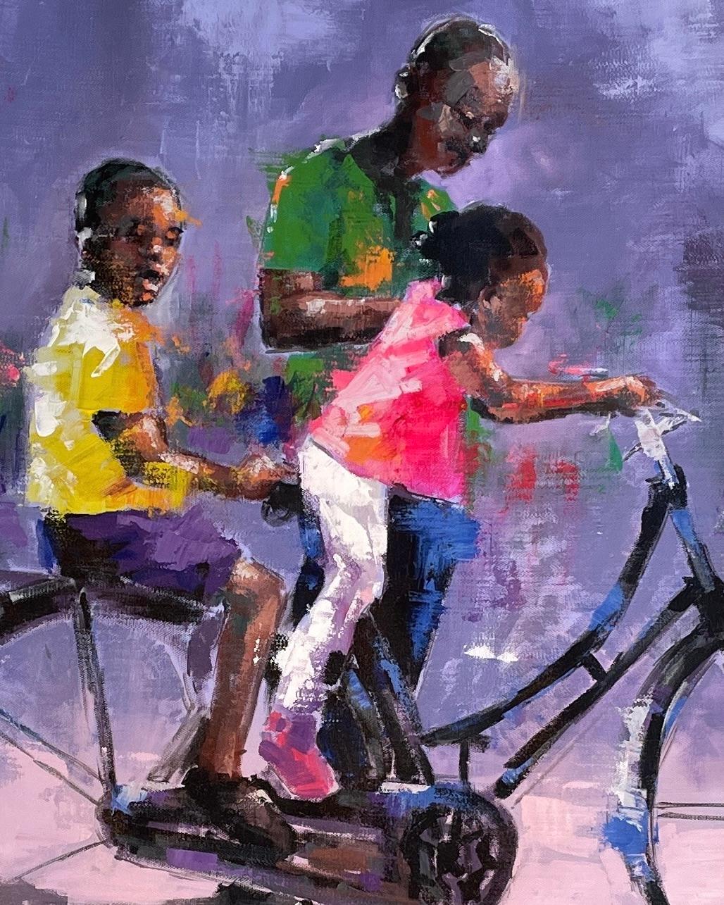 „Familienzeit“ von Innocent Chikezie – lebhaftes figuratives Gemälde auf Lila im Angebot 5