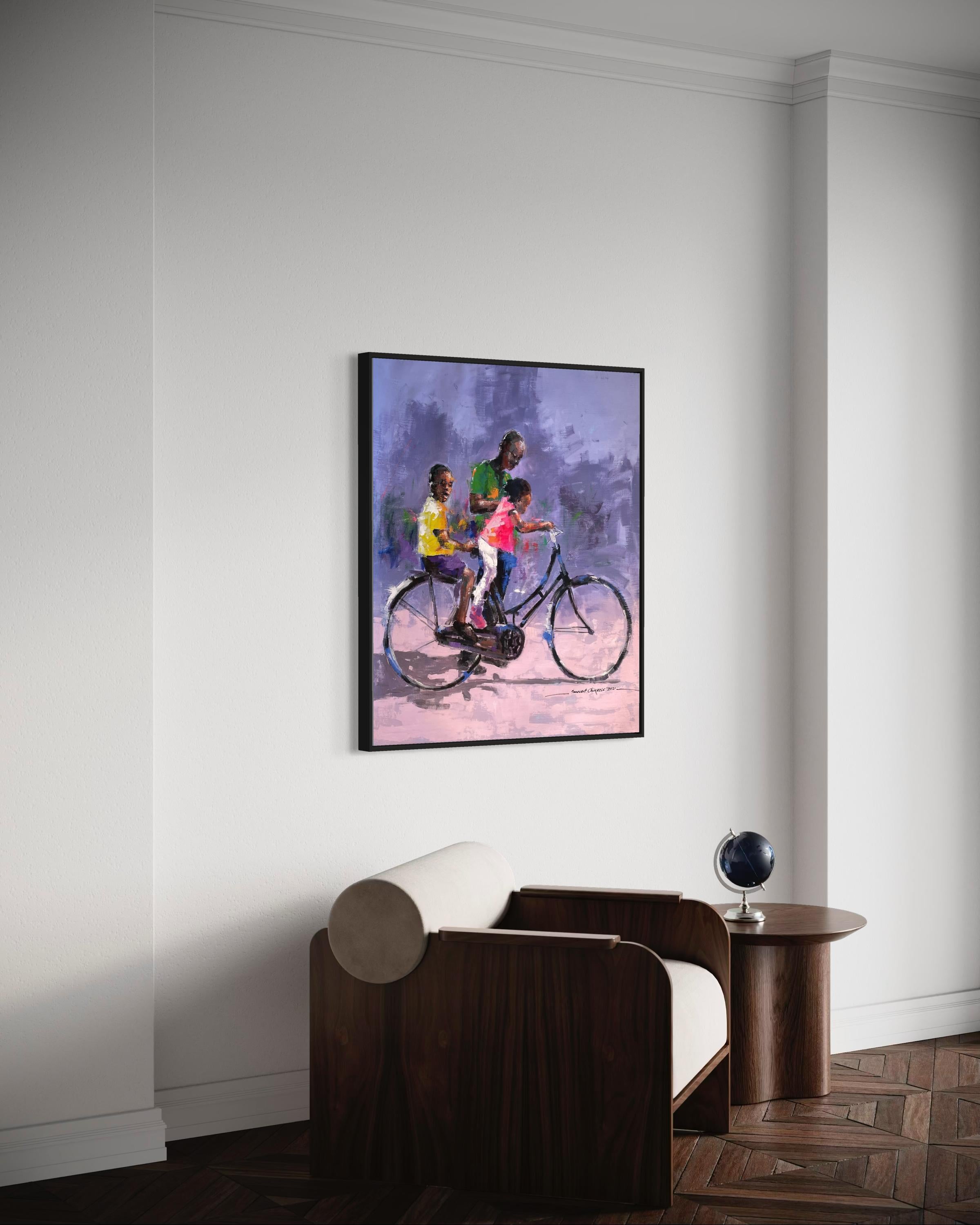„Familienzeit“ von Innocent Chikezie – lebhaftes figuratives Gemälde auf Lila im Angebot 8
