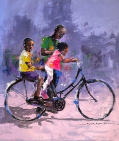"Family Time" - Vibrant Contemporary Colorful Textured Figurative Bike Ride