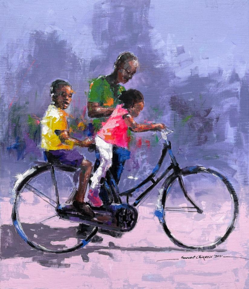 "Tempo di famiglia" di Innocent Chikezie - Pittura figurativa vibrante su viola