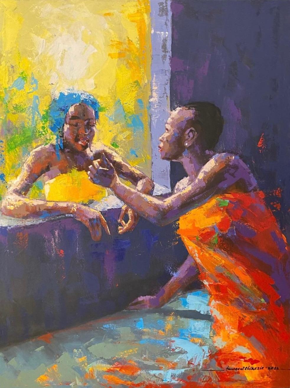 Innocent Chikezie (nigeriano, nacido en 1982)
"Amigos" 2022
Pintura acrílica, Lienzo, Barras camilla
El artista firmó en la parte inferior derecha del cuadro.

Sobre el artista:
Innocent Chikezie es un artista que aprovecha la belleza de los colores