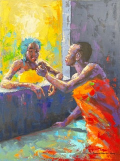 "Friends" - Vibrant Acrylic Textural African Expressionist Figurative Artwork