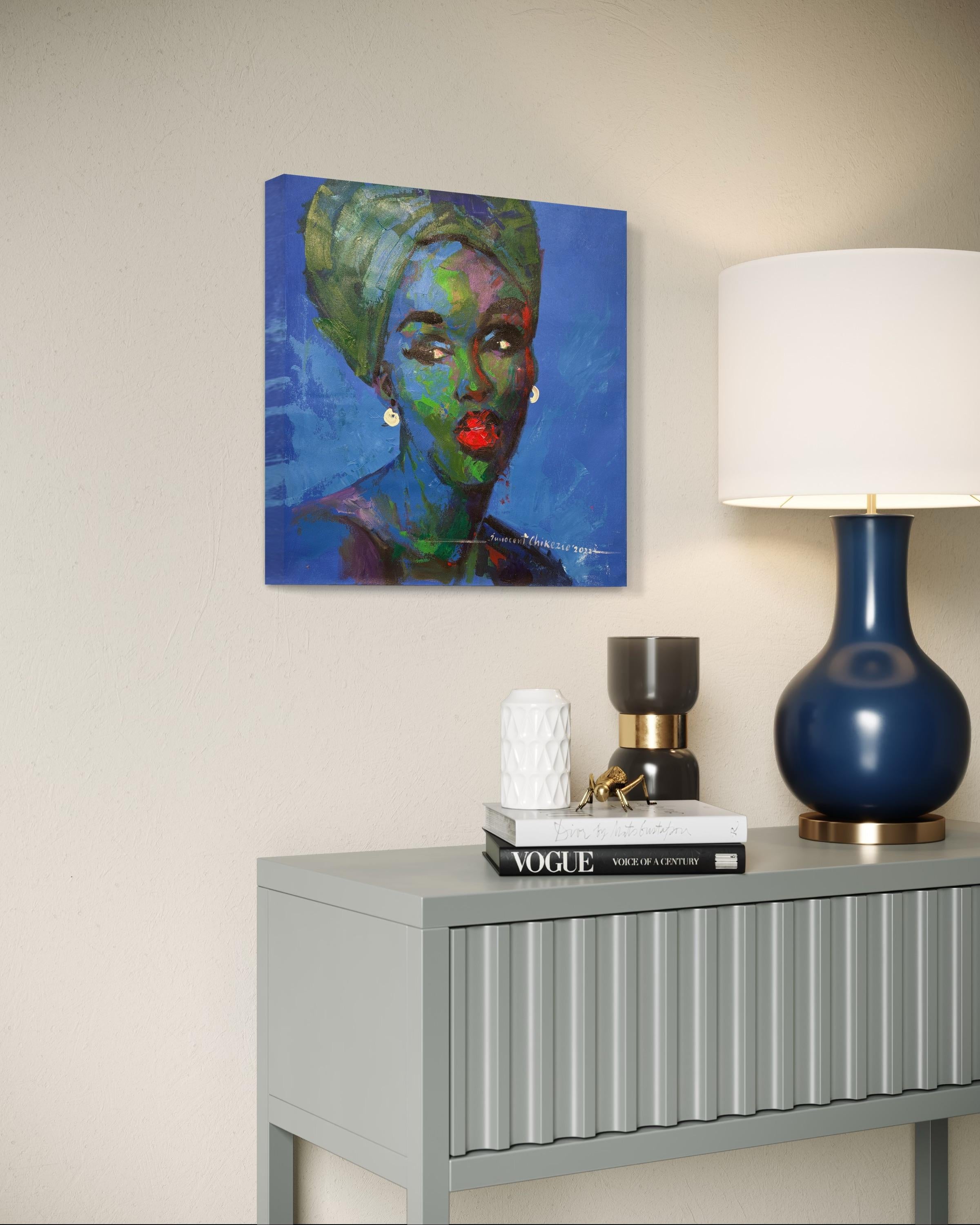 « Ses yeux » par Innocent Chikezie - Portrait moderne nigérian bleu, vert et rouge en vente 9