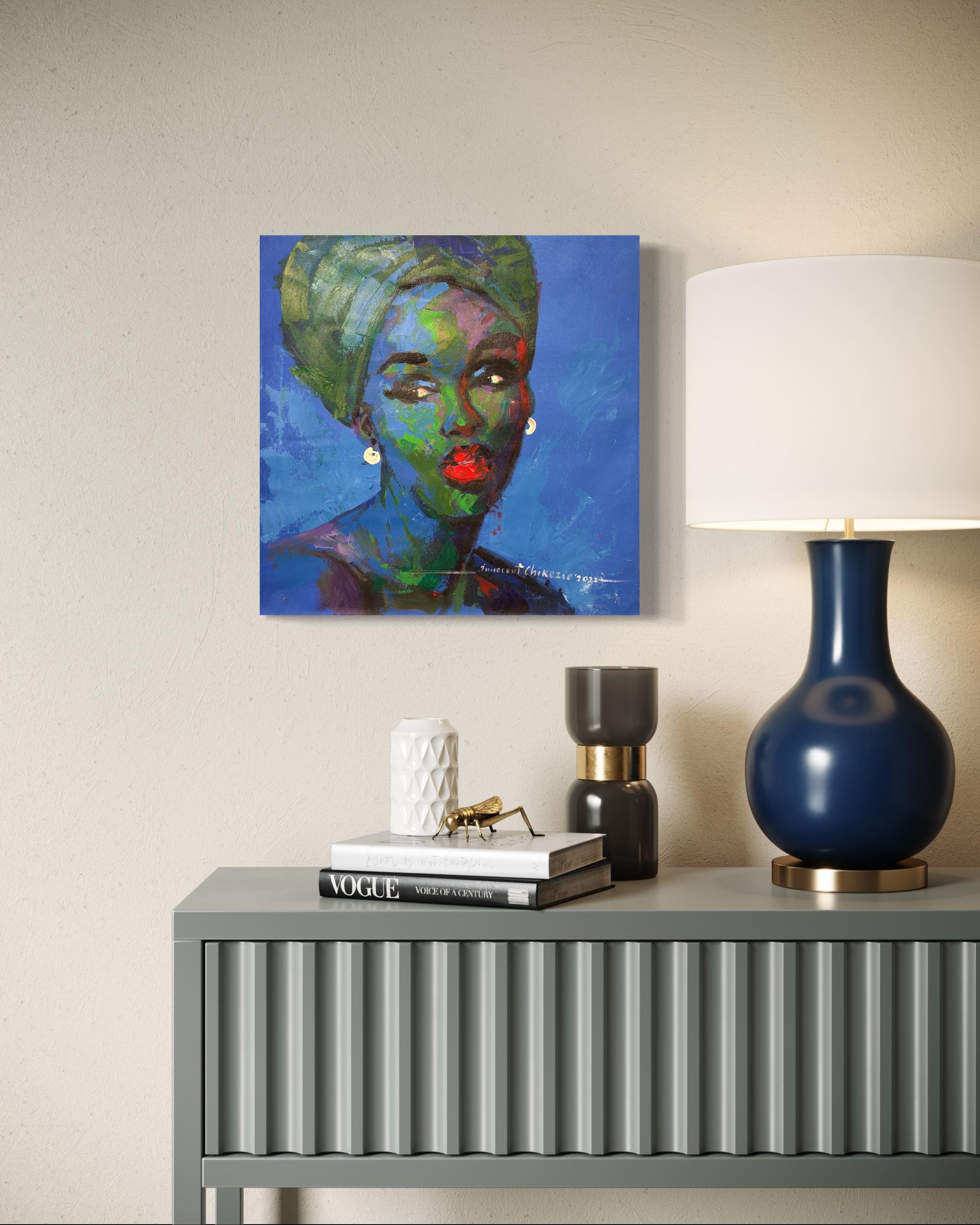 « Ses yeux » par Innocent Chikezie - Portrait moderne nigérian bleu, vert et rouge en vente 1