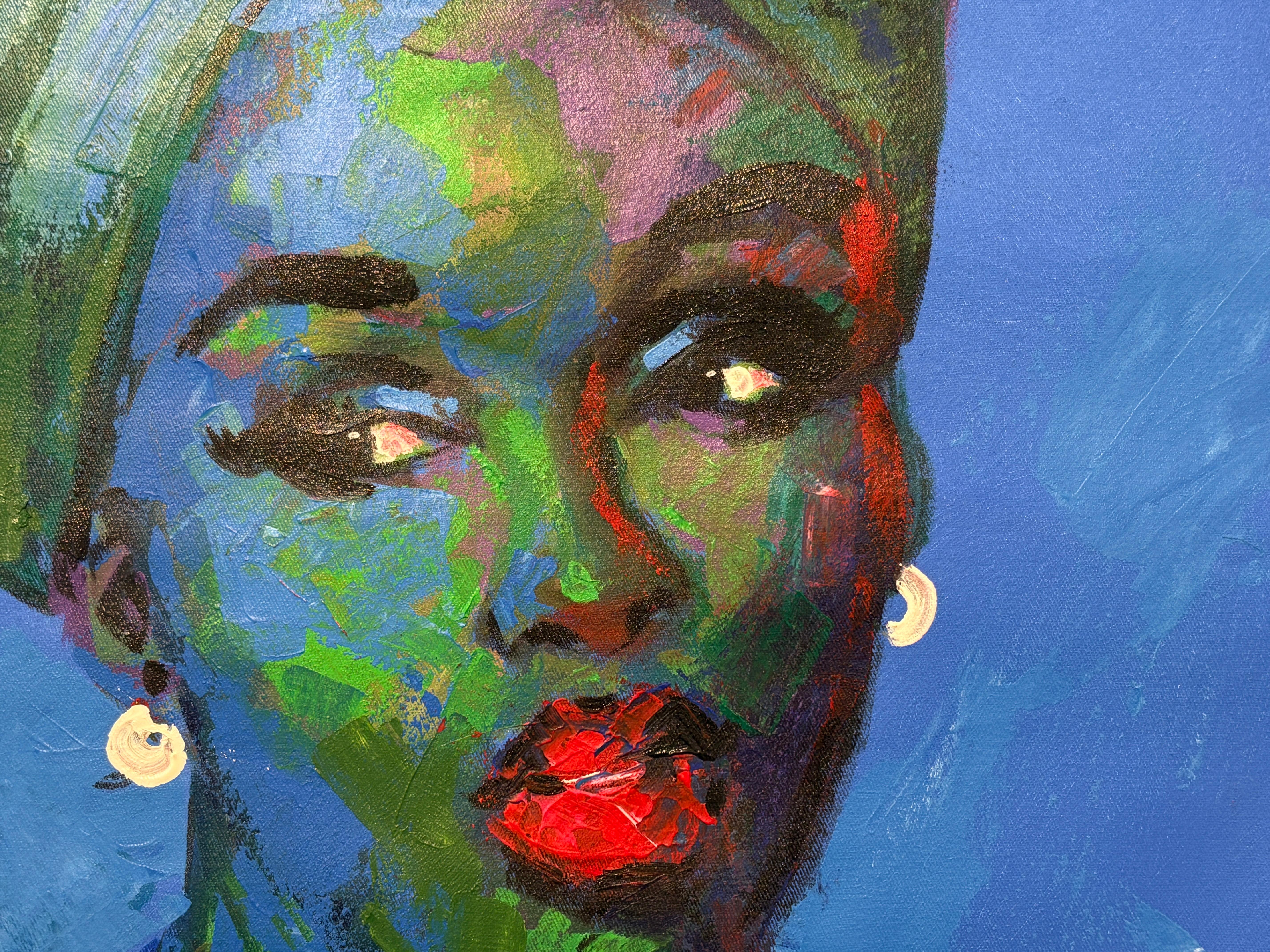 « Ses yeux » par Innocent Chikezie - Portrait moderne nigérian bleu, vert et rouge en vente 6
