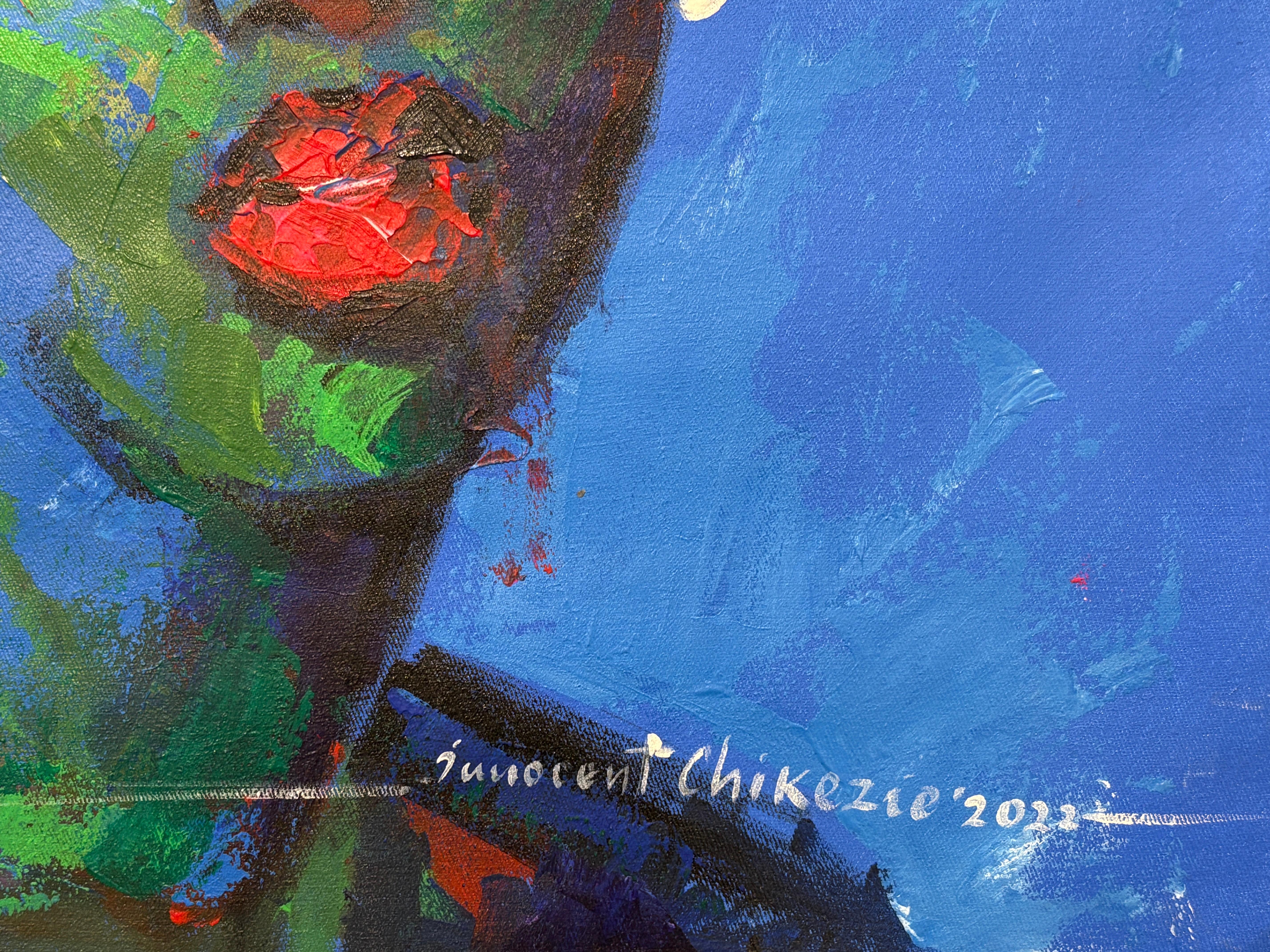 « Ses yeux » par Innocent Chikezie - Portrait moderne nigérian bleu, vert et rouge en vente 8