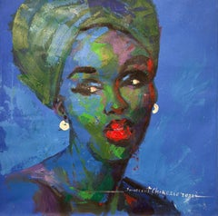 "Her Eyes" by Innocent Chikezie - Blue, Green and Red Modern Nigerian Portrait
