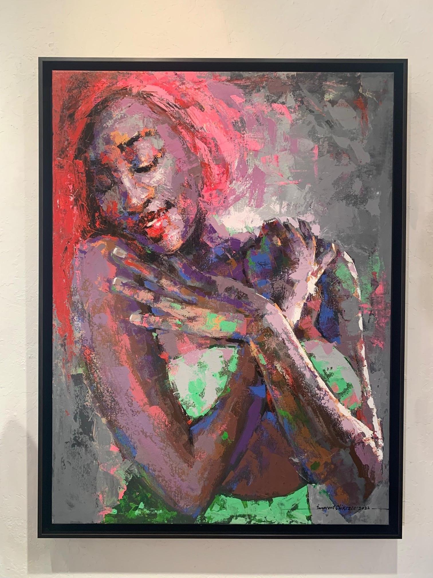 'Pink Hair' Figurative Young Woman Acrylic on Canvas by Innocent - Painting by Innocent Chikezie