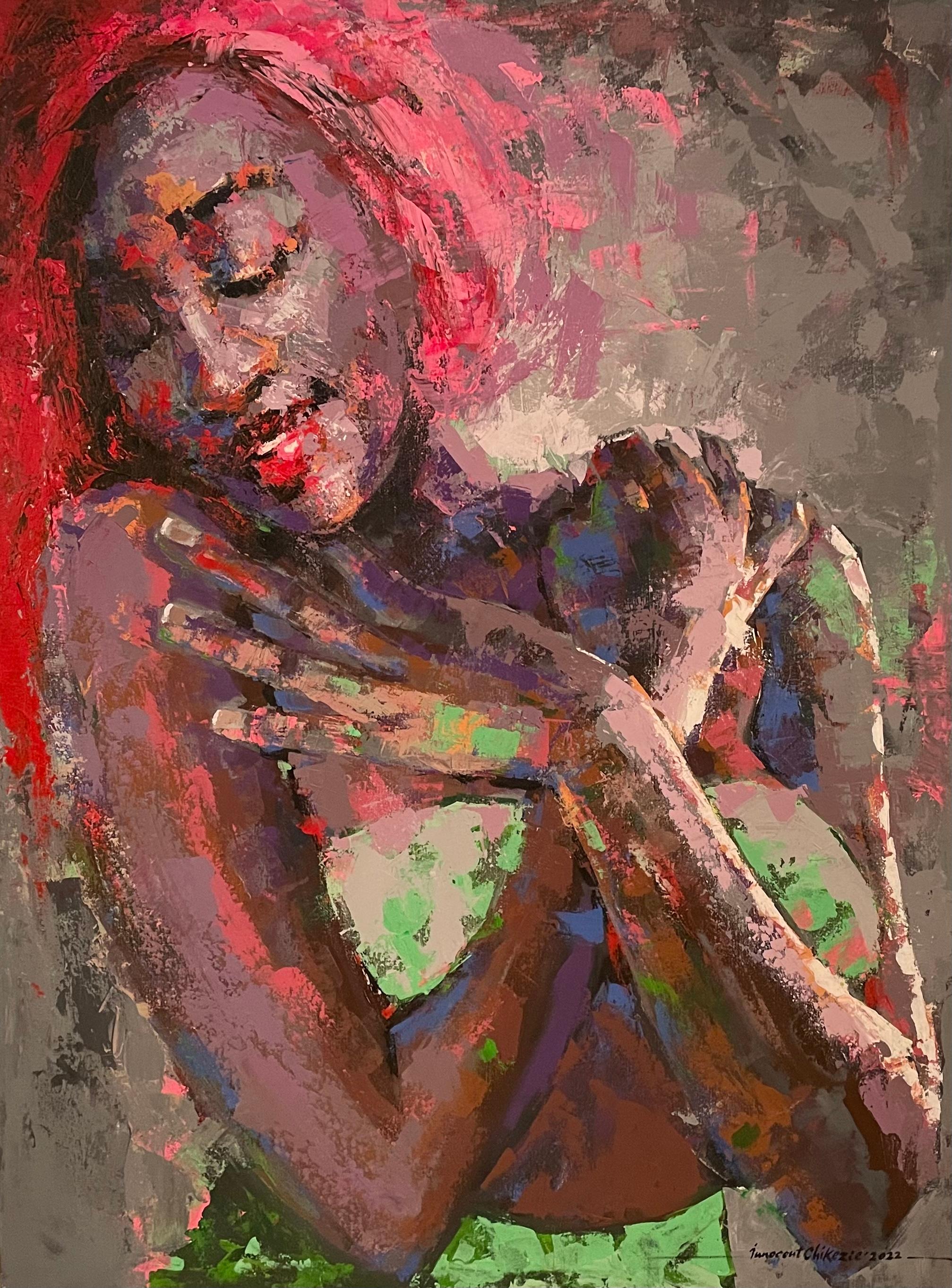 Innocent Chikezie Figurative Painting - 'Pink Hair' Figurative Young Woman Acrylic on Canvas by Innocent