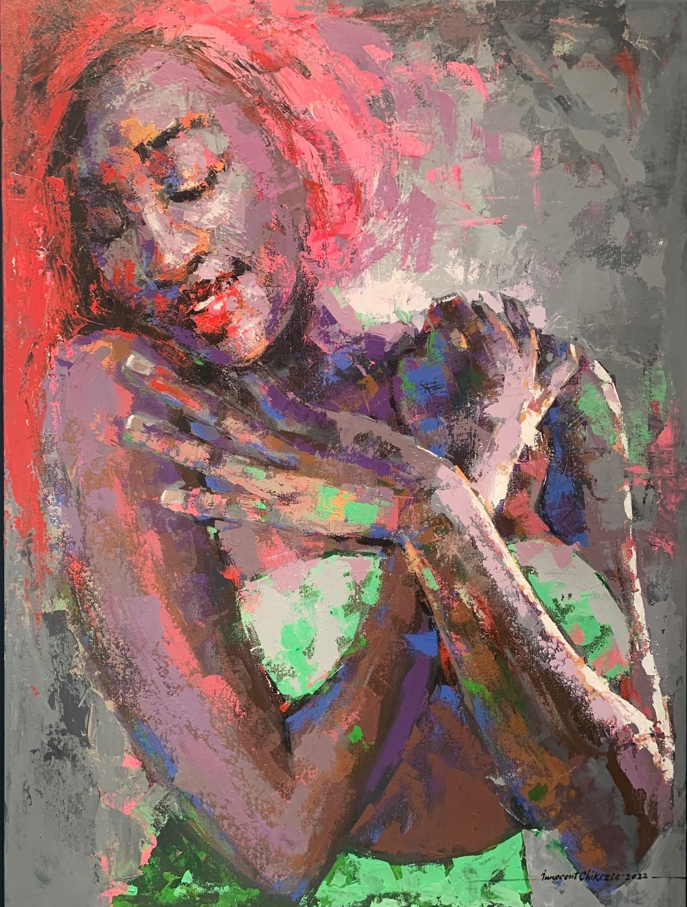 Innocent Chikezie Figurative Painting - 'Pink Hair'Contemporary Original Figurative Young Female Model Acrylic on Canvas
