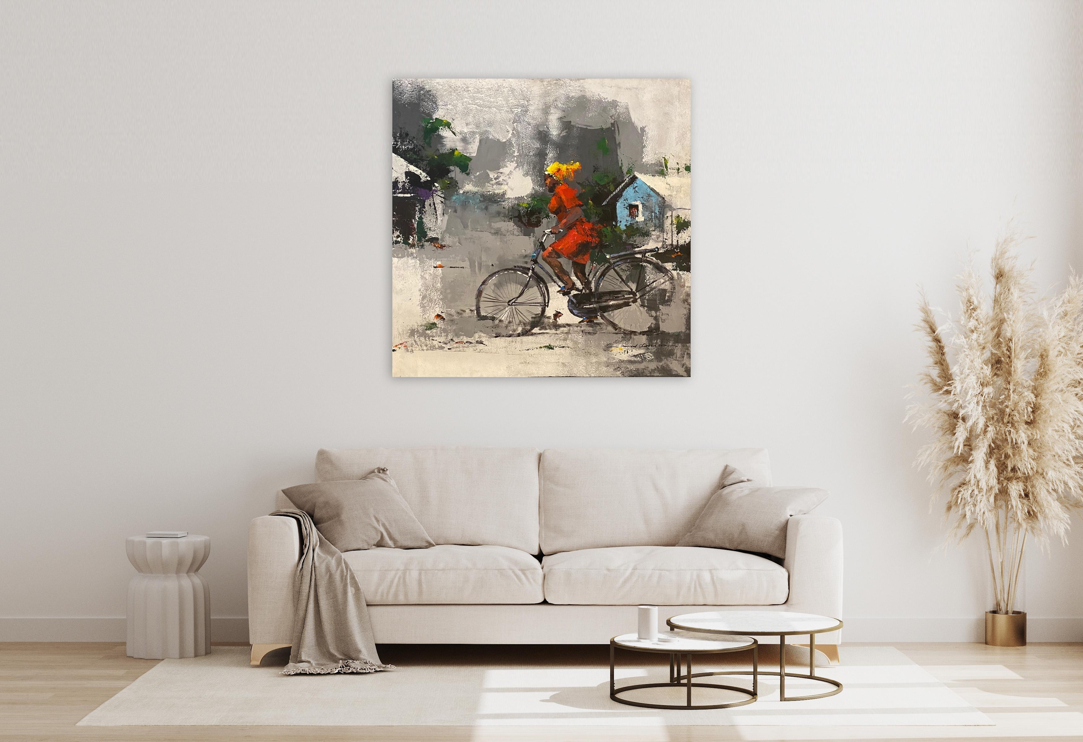 ‘A Woman Riding The Bike’  Original Figurative Mixed Media 32