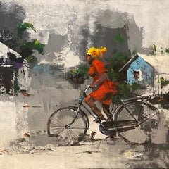 ‘A Woman Riding The Bike’  Original Figurative Mixed Media 32" x 35" by I.C