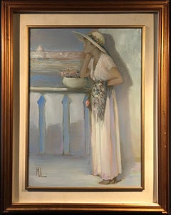 Dama en balcón veneciano Pintura al óleo impresionista firmada