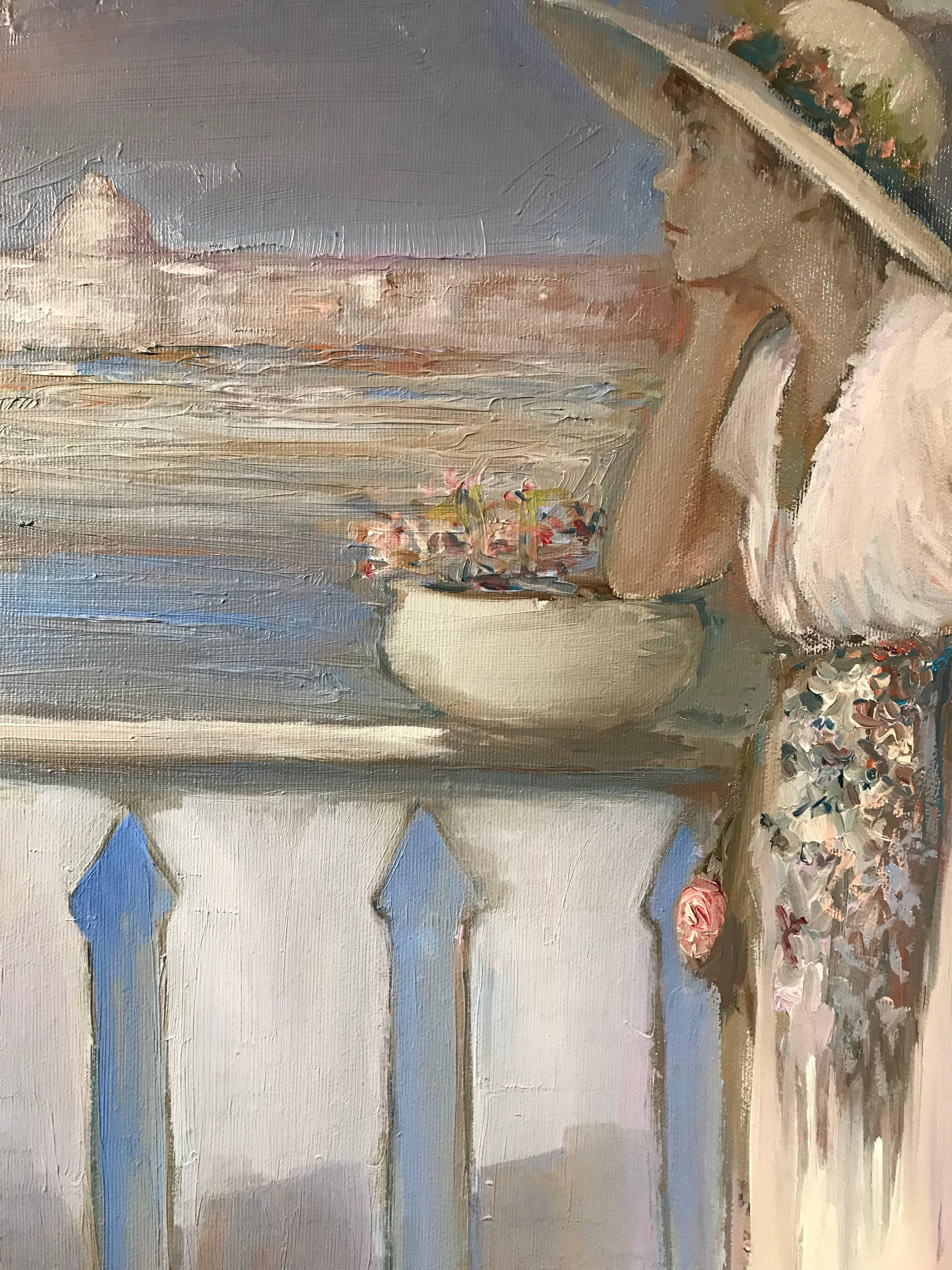Lady on Venetian Balcony Signed Impressionist Oil Painting - Brown Figurative Painting by Innocenzo Melani