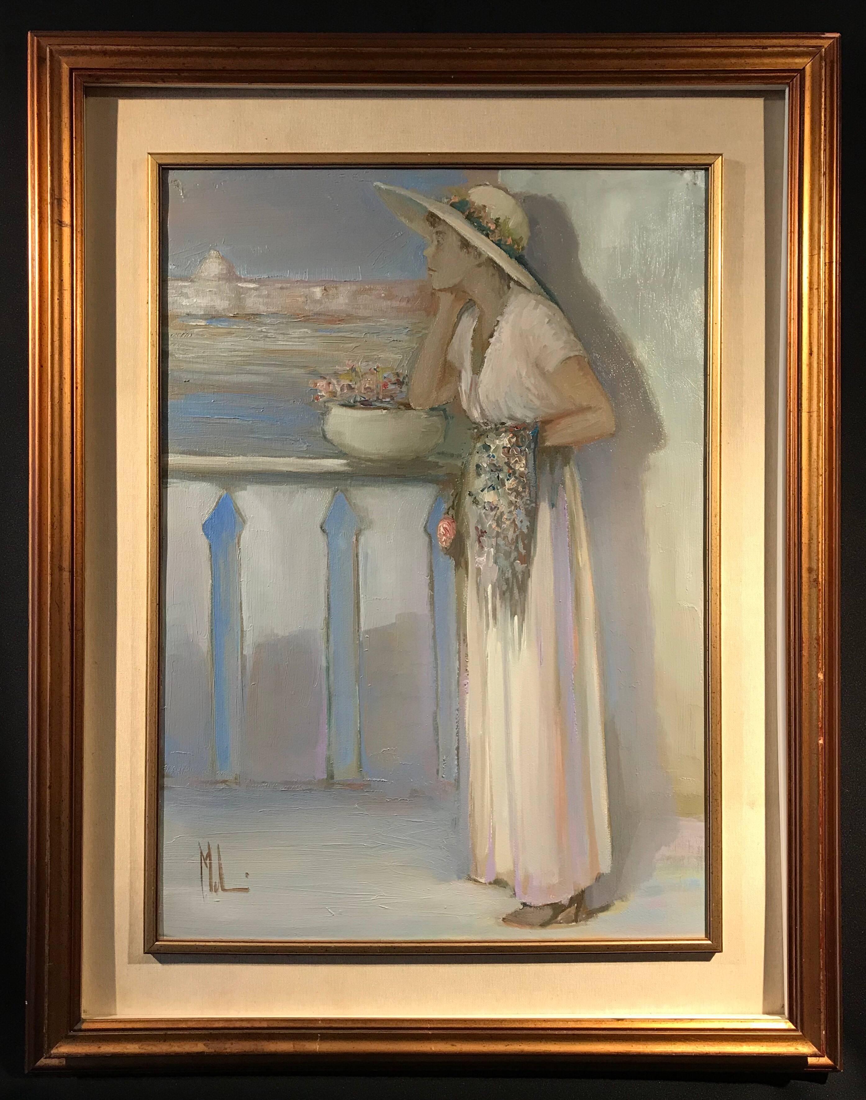 Innocenzo Melani Figurative Painting - Lady on Venetian Balcony Signed Impressionist Oil Painting