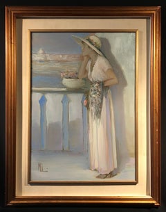 Retro Lady on Venetian Balcony Signed Impressionist Oil Painting