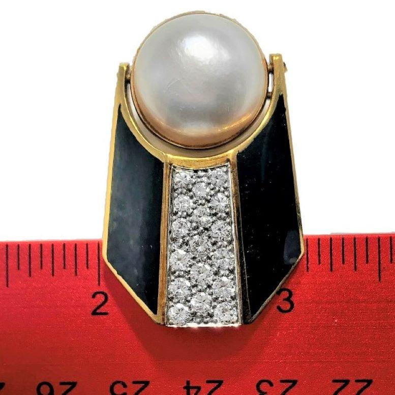 Brilliant Cut Innovative 18k, Mabe Pearl, Diamond and Black Enamel Pendant For Sale